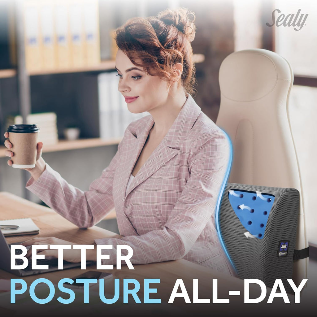 Sealy Lumbar Support Pillow with Cooling Gel – Ergonomic Office Chair Cushion for Back Support – Memory Foam Back Pillow for Car, Office…