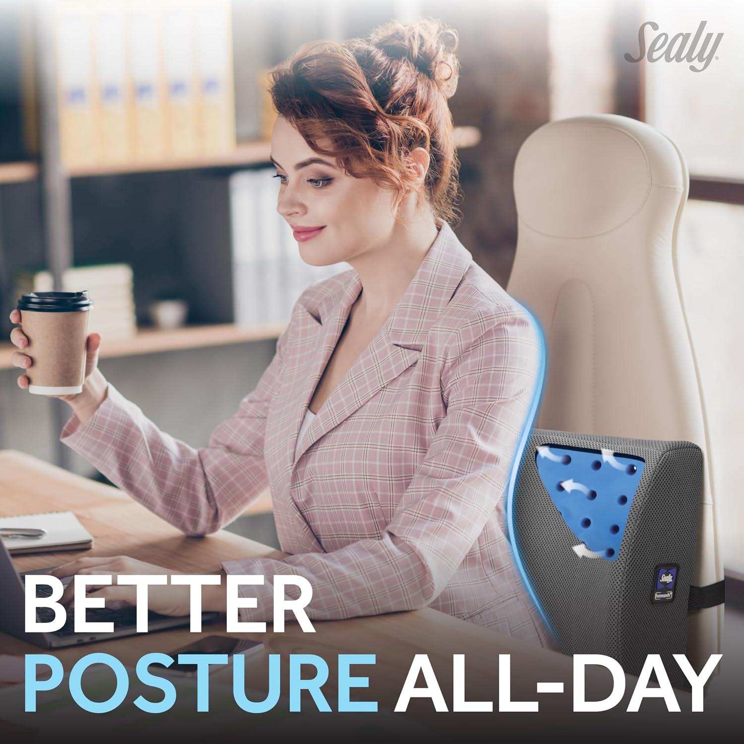 Sealy Lumbar Support Pillow with Cooling Gel – Ergonomic Office Chair Cushion for Back Support – Memory Foam Back Pillow for Car, Office…