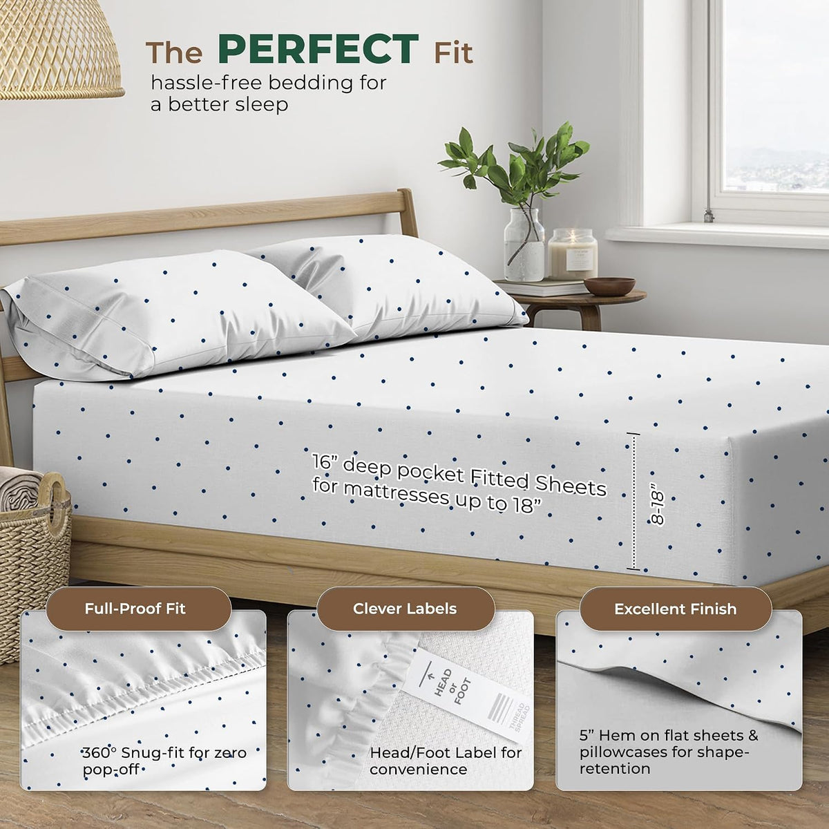 THREAD SPREAD 100% Organic Cotton Sheets California King Size - Organic Cotton Cal King Size Percale Sheet Set (4 PC, Navy Polka Dot)…