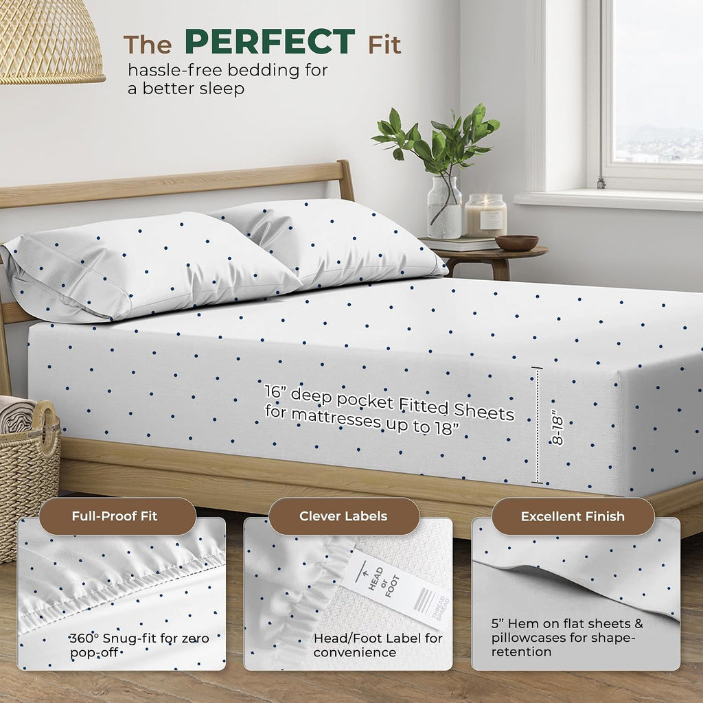 THREAD SPREAD 100% Organic Cotton Sheets Twin XL Size - Organic Cotton Percale Weave Sheet Set (3 PC, Navy Polka Dot), Soft, Cooling…