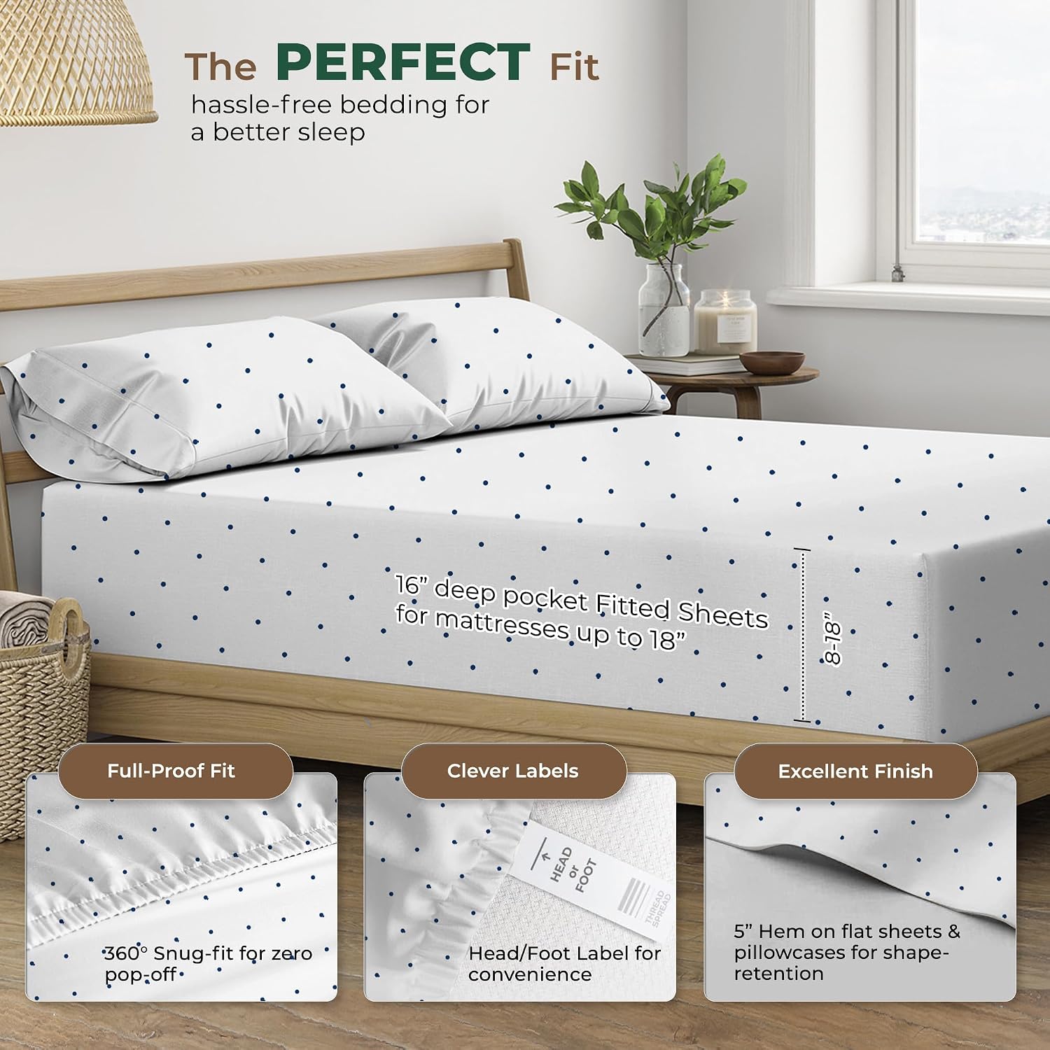 THREAD SPREAD 100% Organic Cotton Sheets Twin Size - Organic Cotton Twin Percale Weave Sheet Set (3 PC, Navy Polka Dot), Soft, Cooling…