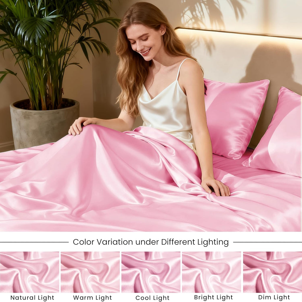 Lovescabin Love's cabin 4Piece California King Satin Bed Linen Set, Pink Silky Satin Sheets, Deep Pocket, Luxury Silk Feel, 1 Flat, 1 Fitte…