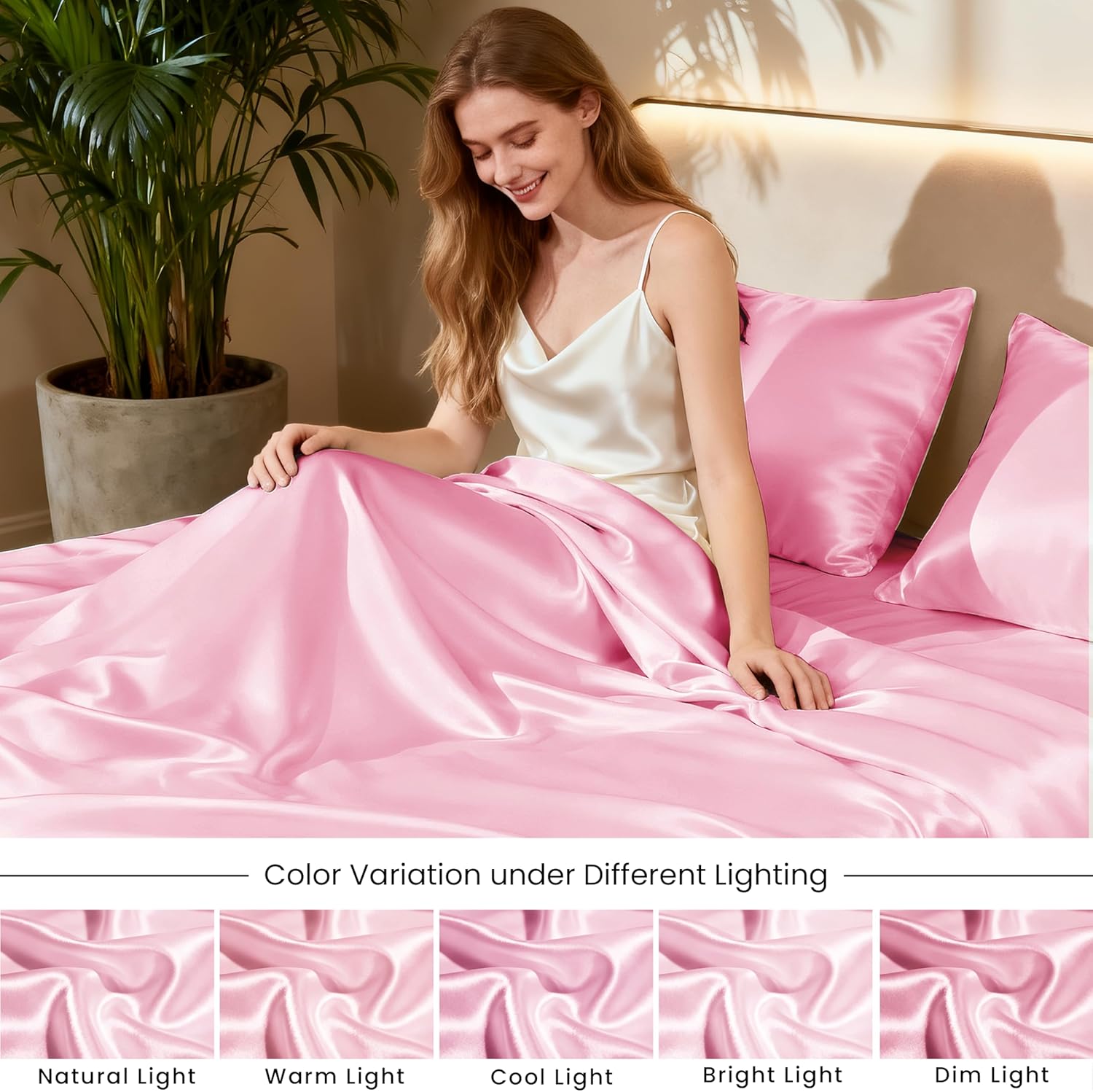 Lovescabin Love's cabin 4Piece California King Satin Bed Linen Set, Pink Silky Satin Sheets, Deep Pocket, Luxury Silk Feel, 1 Flat, 1 Fitte…