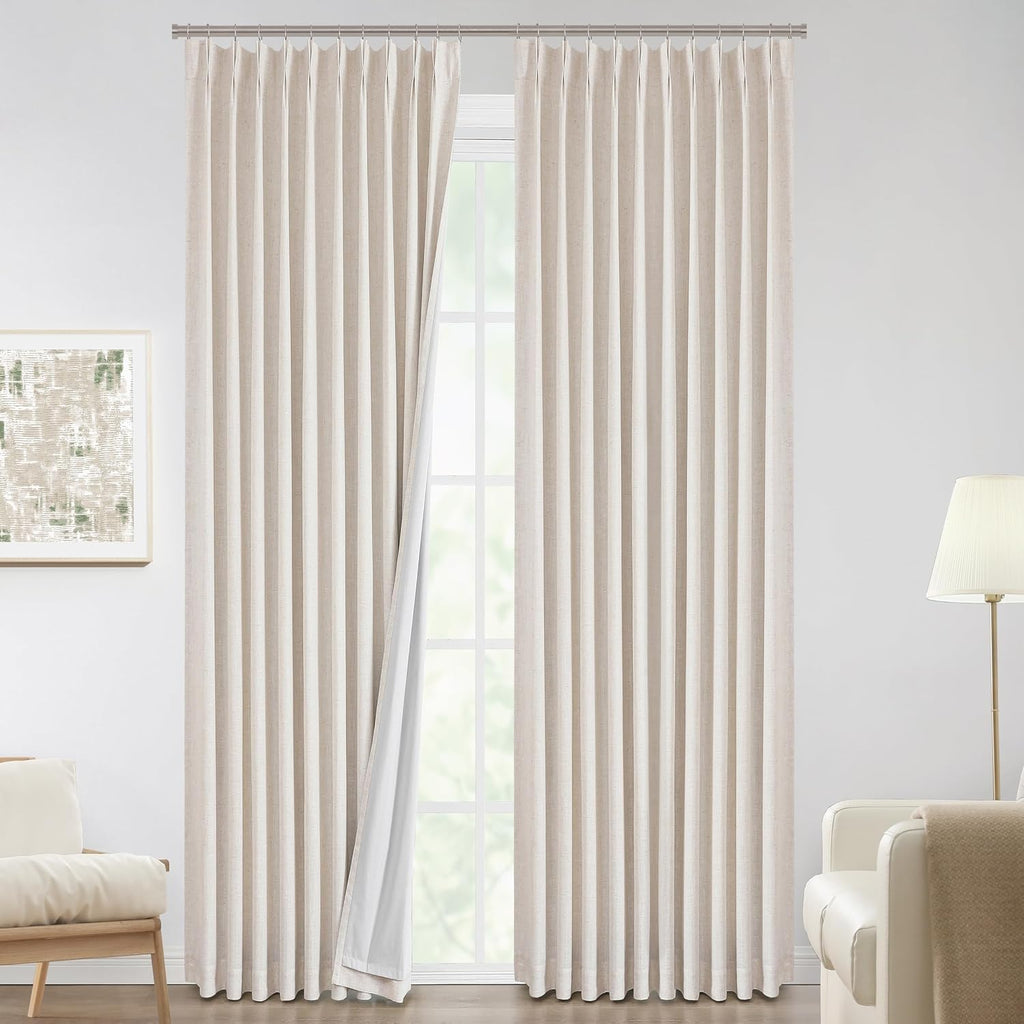 VisionHome Vision Home Natural Pinch Pleated Full Blackout Curtains Linen Blended Room Darkening Window Curtains 120 inch for Living Room B…