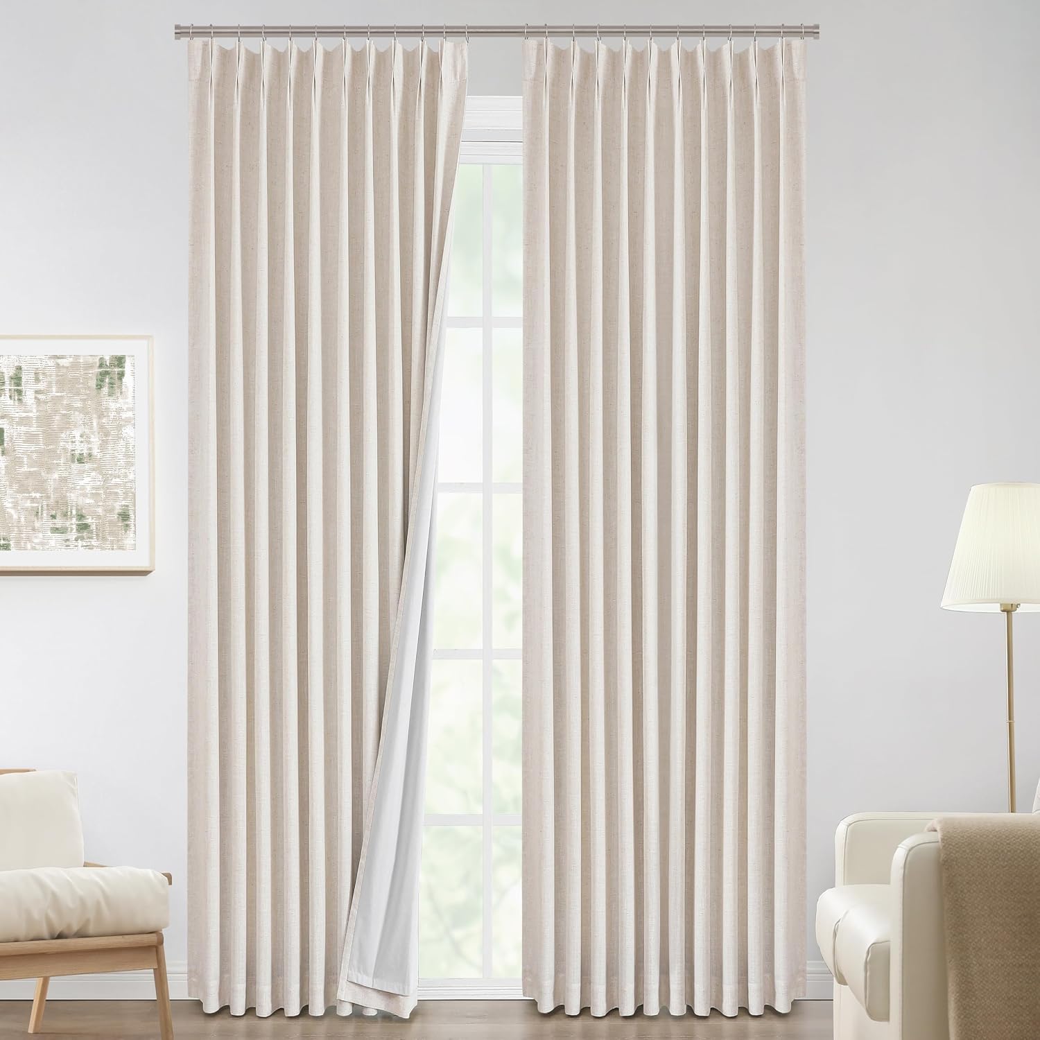 VisionHome Vision Home Natural Pinch Pleated Full Blackout Curtains Linen Blended Room Darkening Window Curtains 120 inch for Living Room B…