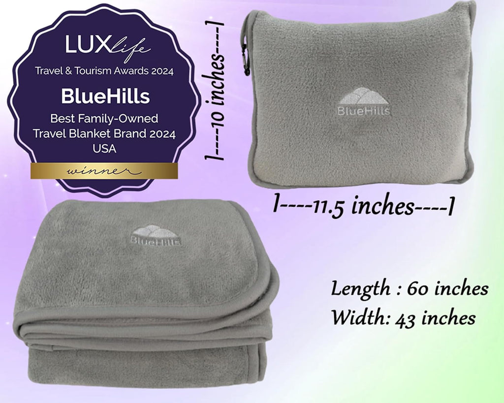 BlueHills Premium Soft Travel Blanket Pillow Airplane Flight Blanket Throw in Ultra-Soft Bag Pillow case Luggage Sleeve & Backpack Clip…