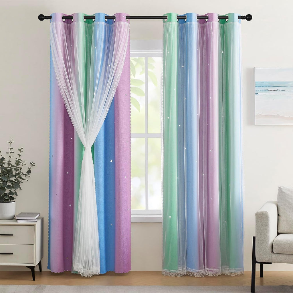 Addsomecolortolife XiDi Blue & Rainbow Curtains for Kids & Girl Rooms - Blackout, Unicorn Wall Decals, 34x84 Inch, 1 Panel 1.6 inch Blue