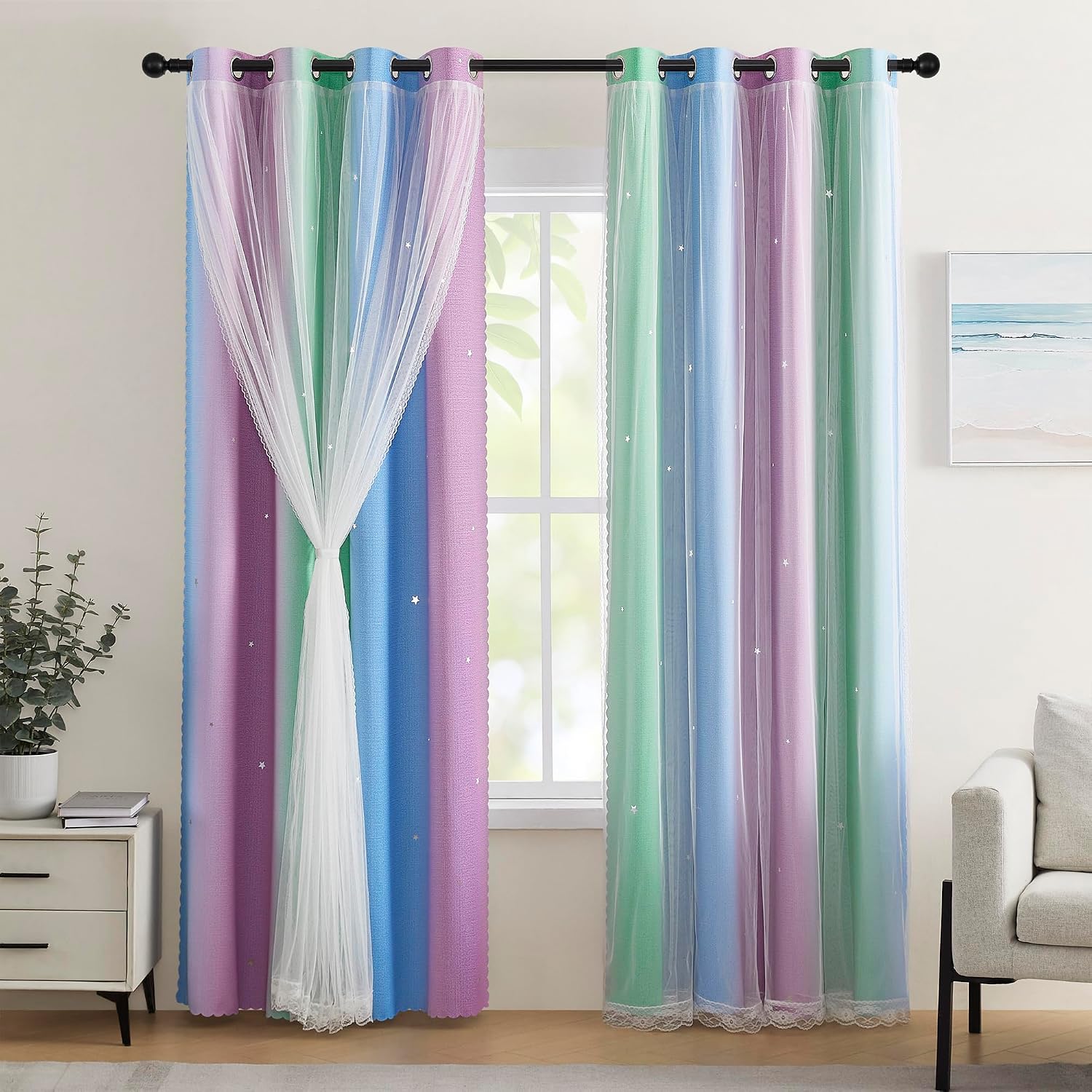Addsomecolortolife XiDi Blue & Rainbow Curtains for Bedroom & Kids Room - Blackout, Unicorn Wall Decals, 52X84 Inch Long, 1 Panel 1.6 inch…