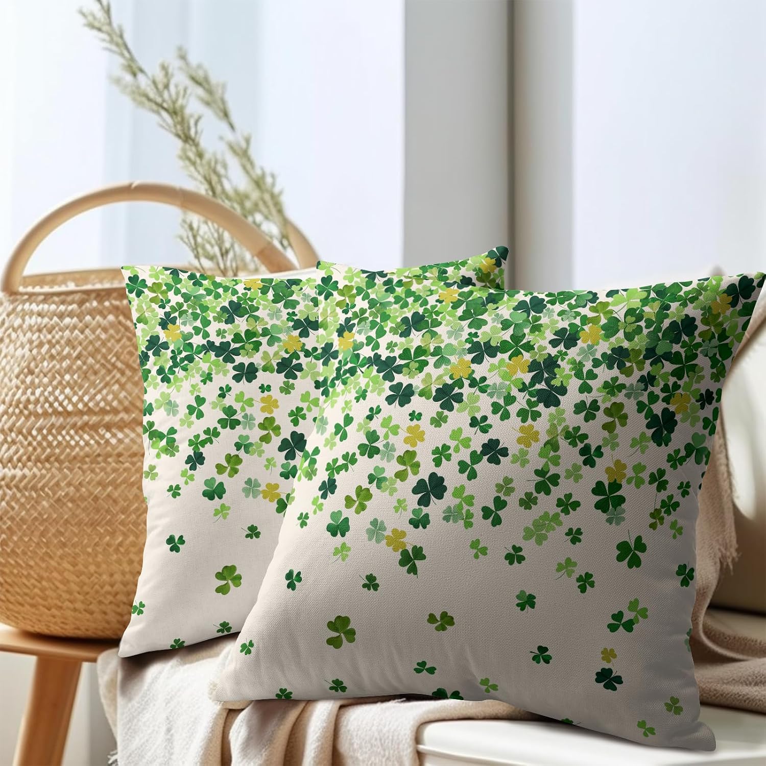 Granbey St. Patrick's Day Pillowcase 16x16 Inch 2 Pack Shamrocks Lucky Clover Throw Pillow Covers Saint Patrick Day Spring Cotton-Linen Squ…