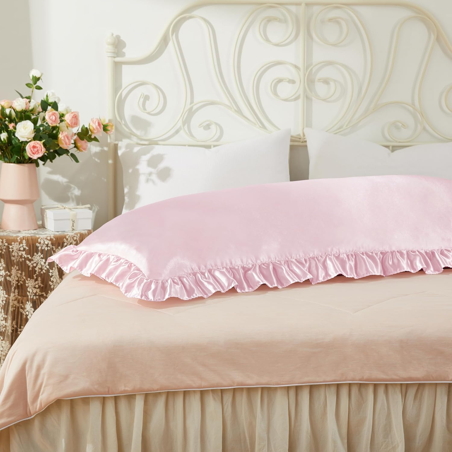 HommxJF Blush Pink Satin Pillowcases Body Pillow for Hair and Skin, Blush Pink Body Pillow Silk Pillowcase with Envelope Closure Princess Ro…