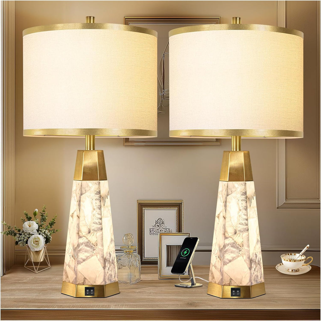 KIVDITZO 27" Alabaster Table Lamps Set of 2 - Lamps for Living Room with Night Light, Bedside Lamps with White Linen Shade, Nightstand…