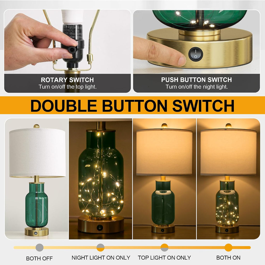 Oneach 22" Glass Table Lamps Set of 2, Green Modern Bedside Lamp with LED Night Light for Living Room, Nightstand Lamp with USB Ports for B…