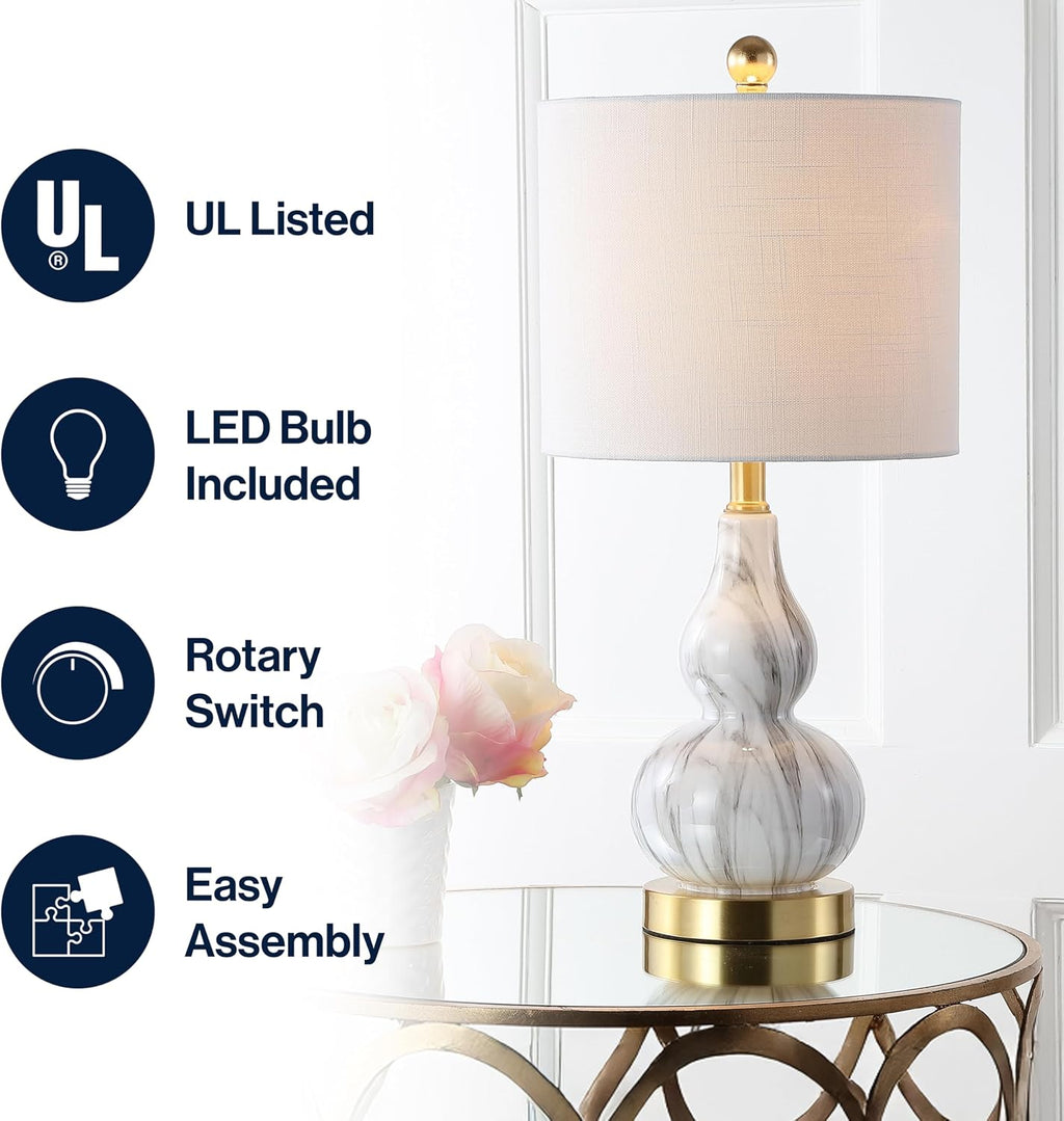 JONATHAN Y 20.5" Black/White Glass Table Lamp, Modern Gourd Bedside Nightstand Lamp for Bedroom, Living Room, White Linen Shade, LED Bulb…