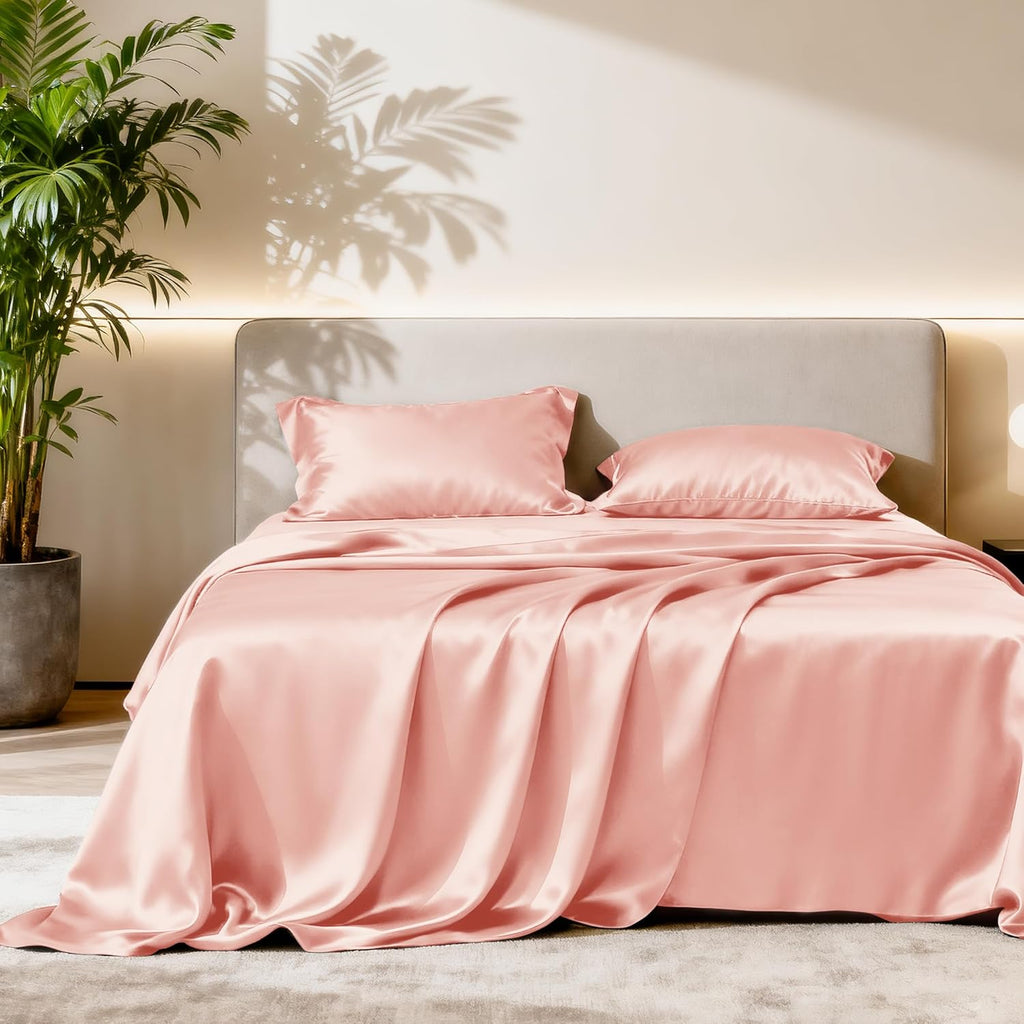 Lovescabin Love's cabin California King Satin Sheet Sets - 4 Piece Coral Silky Sheets Bed Set with Deep Pocket, Luxury Silk Feel Satin Cal…