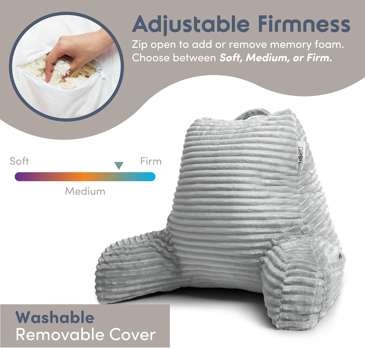 Nestl Reading Pillow with Shredded Memory Foam, Luxe Cut Plush Back Pillow for Sitting Up in Bed, Back and Arms Adjustable Support for…