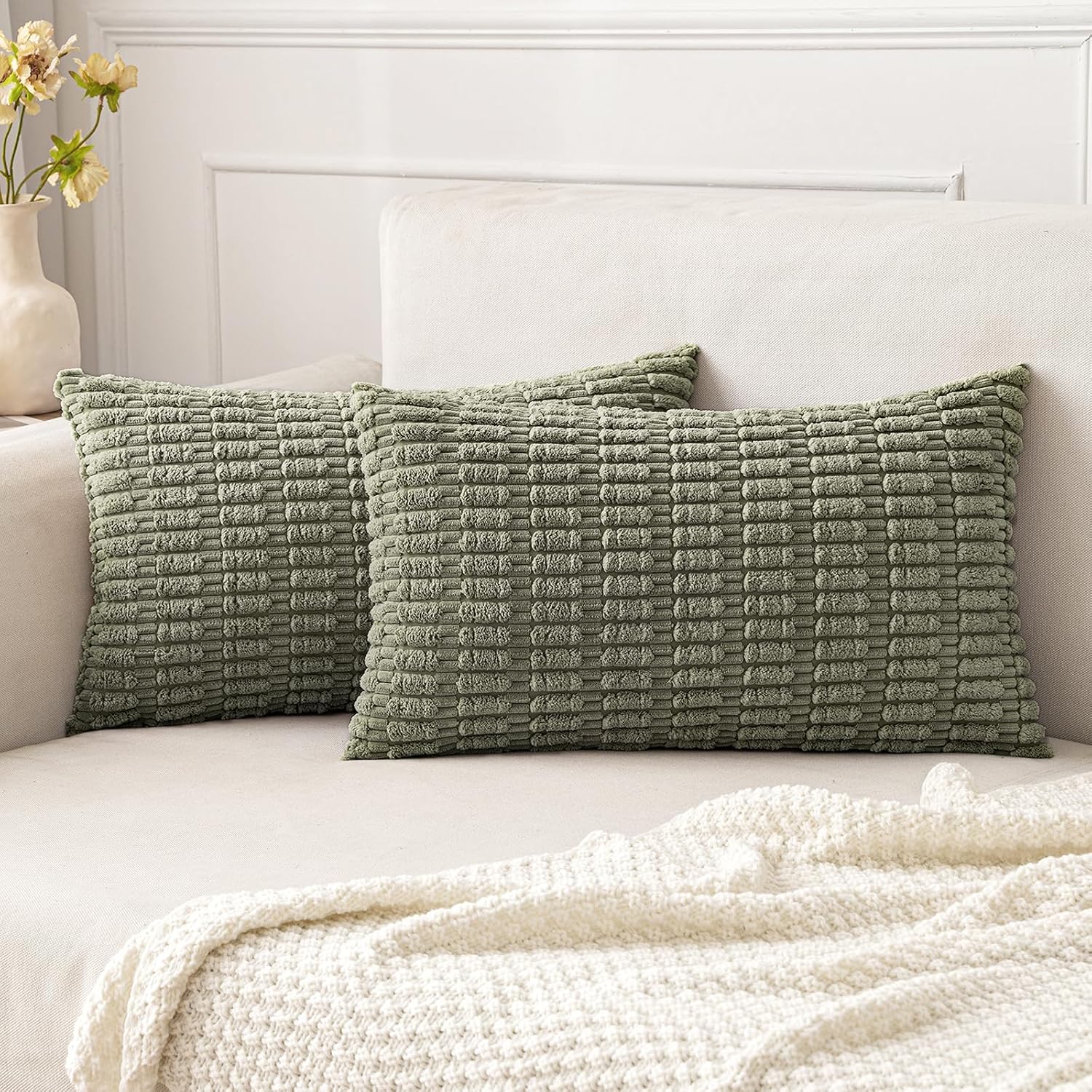 Miulee Pack of 2 Corduroy Decorative Lumbar Throw Pillow Covers 20x12 Inch Soft Boho Striped Pillow Covers Modern Farmhouse Home Decor for…