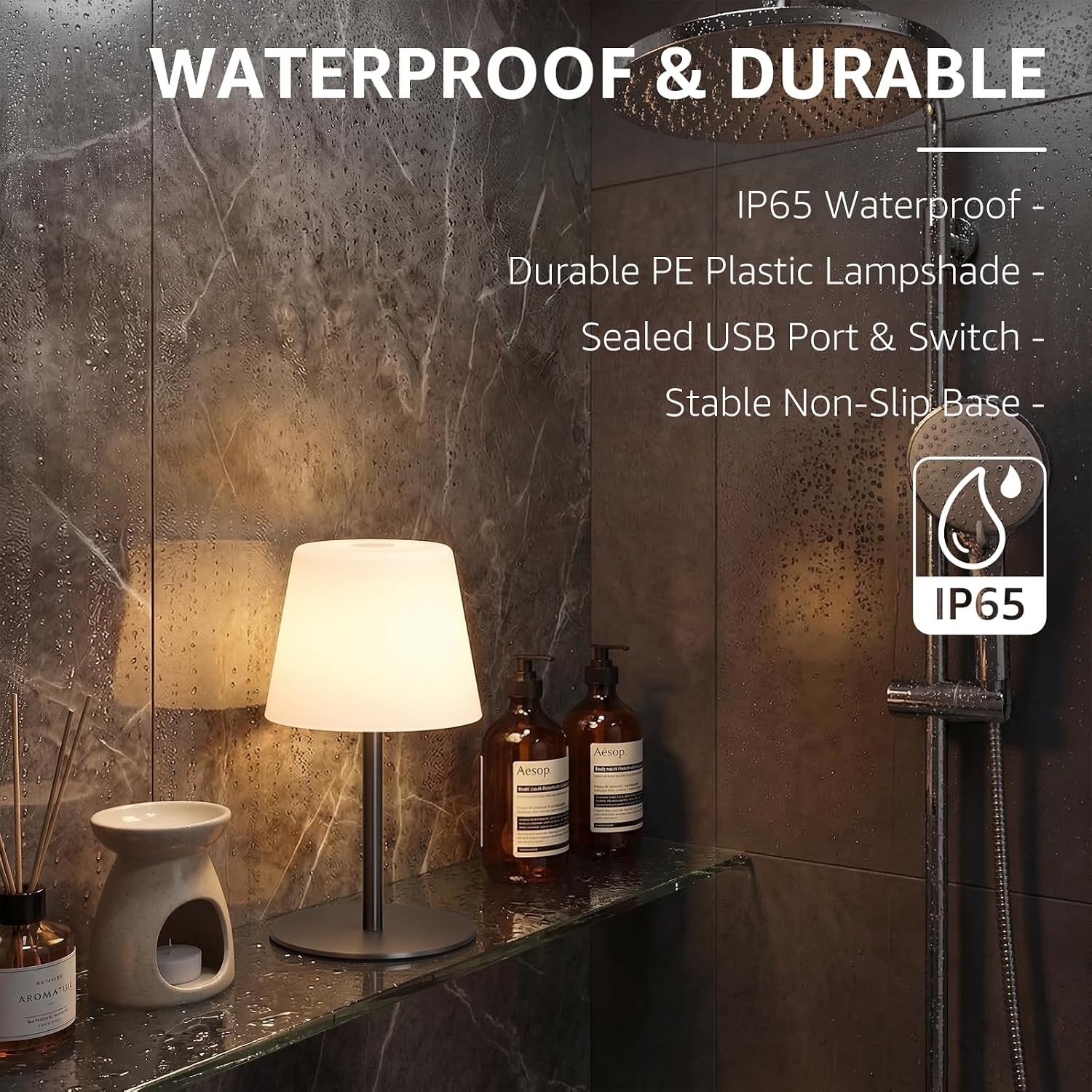 Waterproof Rechargeable Shower Lamp, Cordless Bathroom Table Lamp with 4000mAh Battery, 3 Color Temperatures Dimmable, Portable LED…
