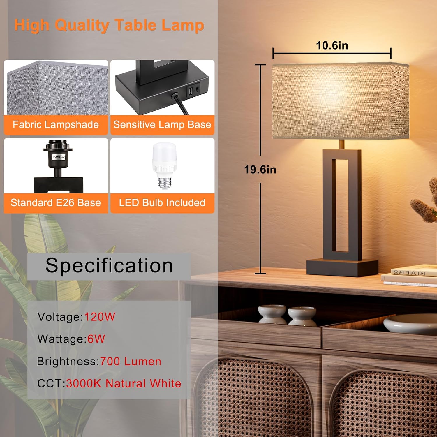 Seealle Nightstand Table Lamps for Bedrooms Set of 2 - Touch Bedside Lamp with USB C+A, 3 Way Dimmable Living Room End Tables 2, Modern…