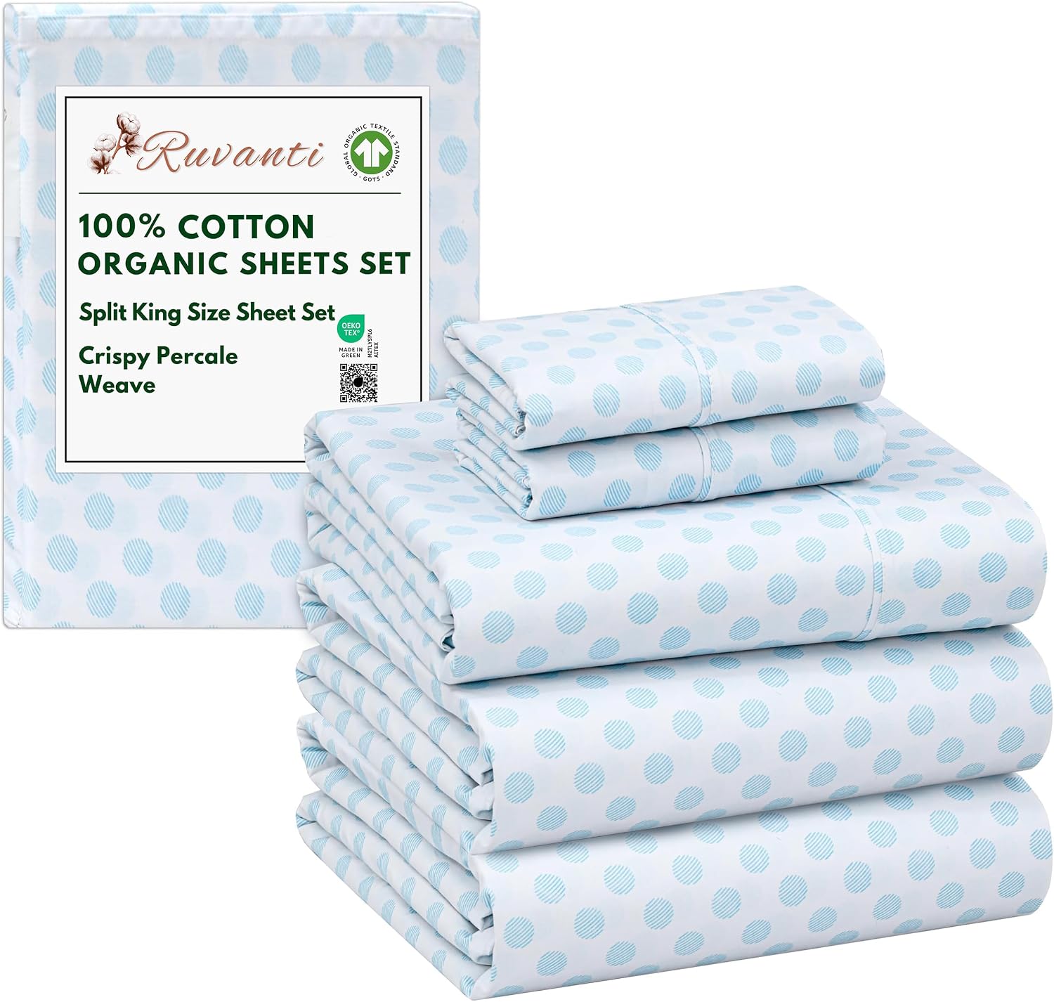 Ruvanti 100% Cotton Organic Percale Sheets Split King Size – Crisp Cooling Bed Sheets for Hot Sleepers, Deep Pocket 15”, Soft Peach Finish,…