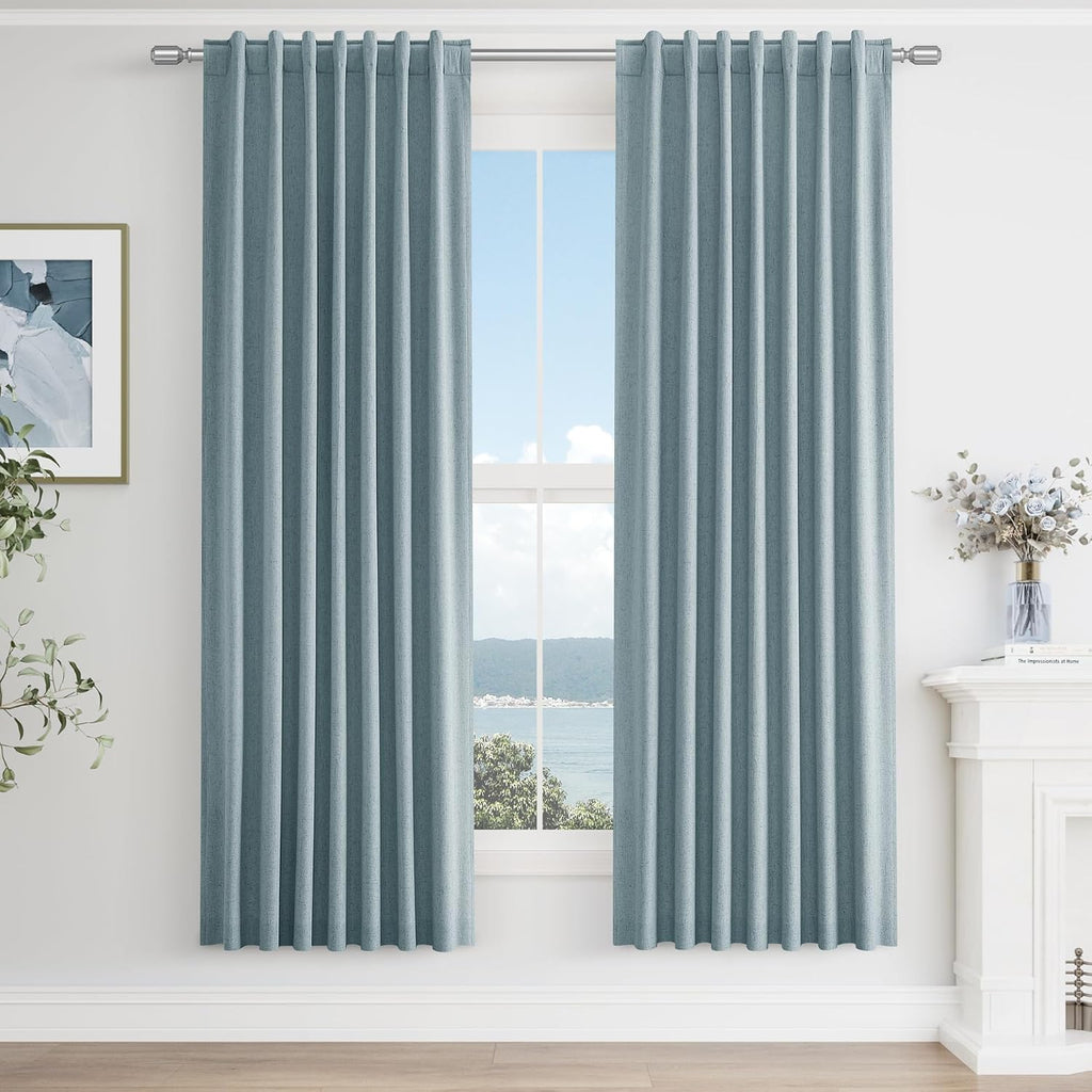Guken Blue 100% Blackout Linen Curtains 72 Inch Length 2 Panels Set for Living Room Bedroom Back Tab Thermal Insulated Black Out Drapes Roo…