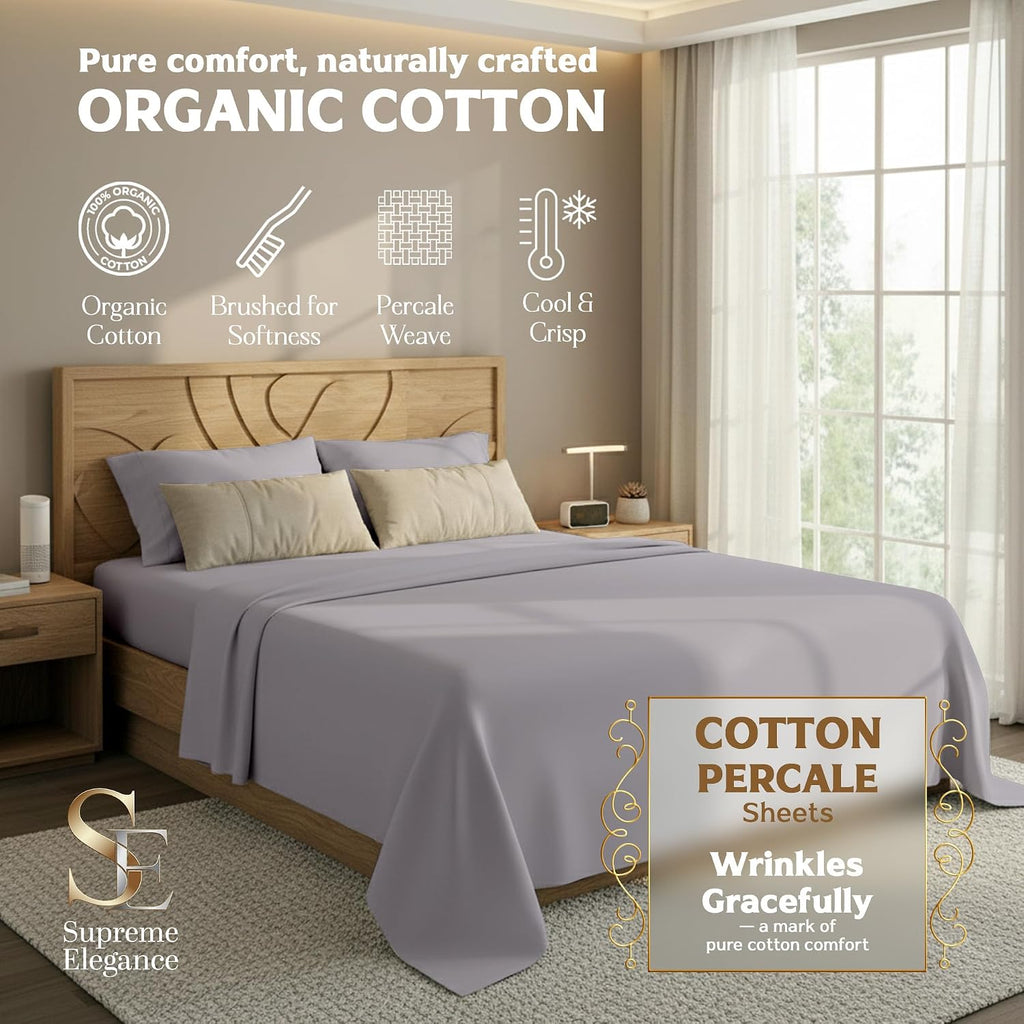 SupremeElegence Supreme Elegance 100% Organic Cotton King Size Sheets Set (4Pc), Percale, Crisp, Breathable & Cooling Sheets for Hot Sleepe…