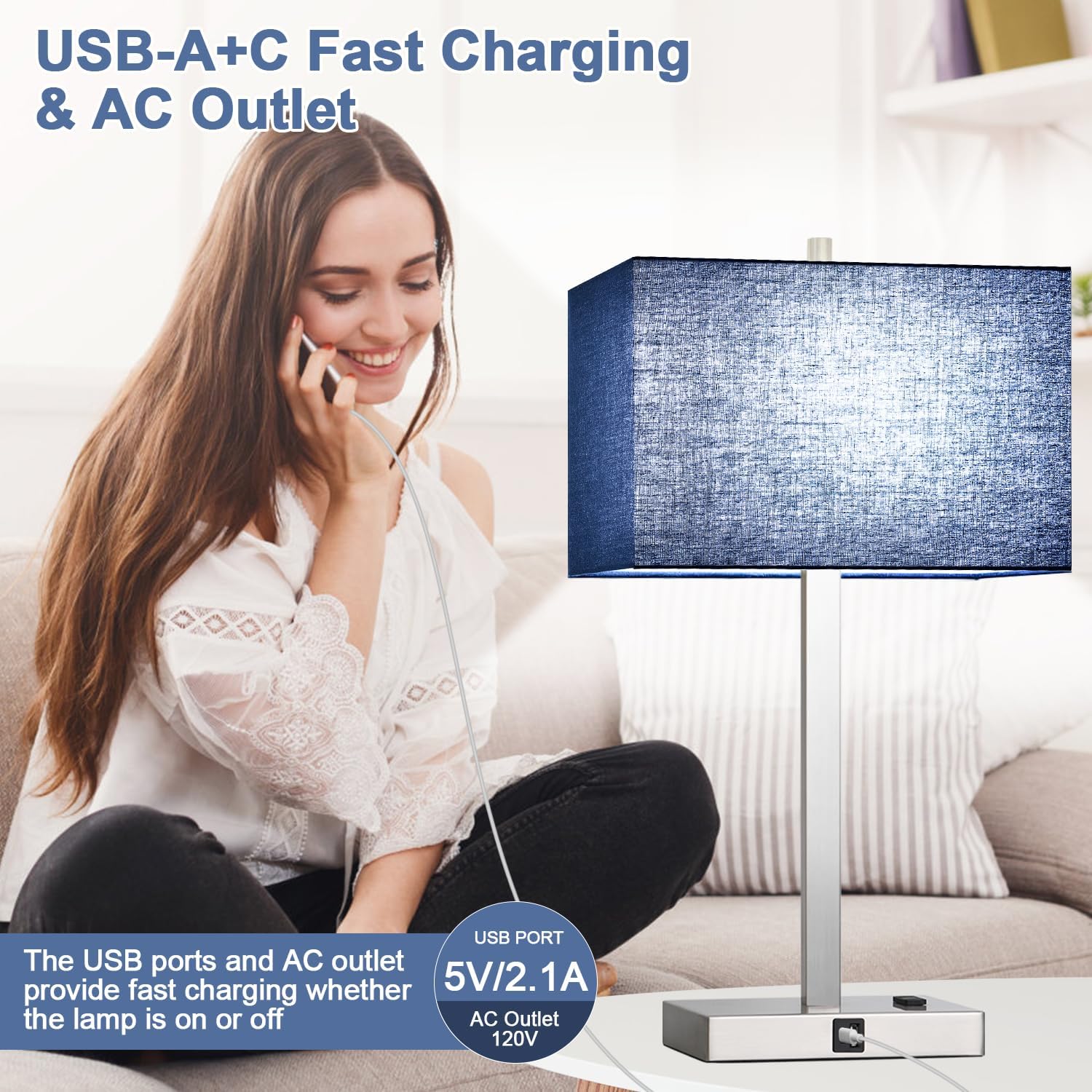 Lynnoland 21" Set of 2 Table lamp with USB A+C & AC Outlets, Touch Control 3-Way Dimmable Nightstand Lamps for Bedroom Living Room Office…