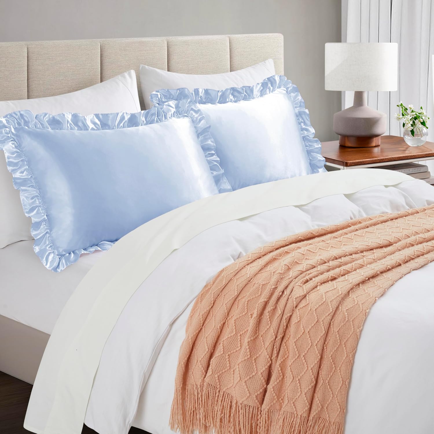 HommxJF Silky Satin Ruffled Pillow Cases for Hair and Skin, Light Blue Silk Pillowcases Queen Set of 2 with Envelope Closure Princess Room D…