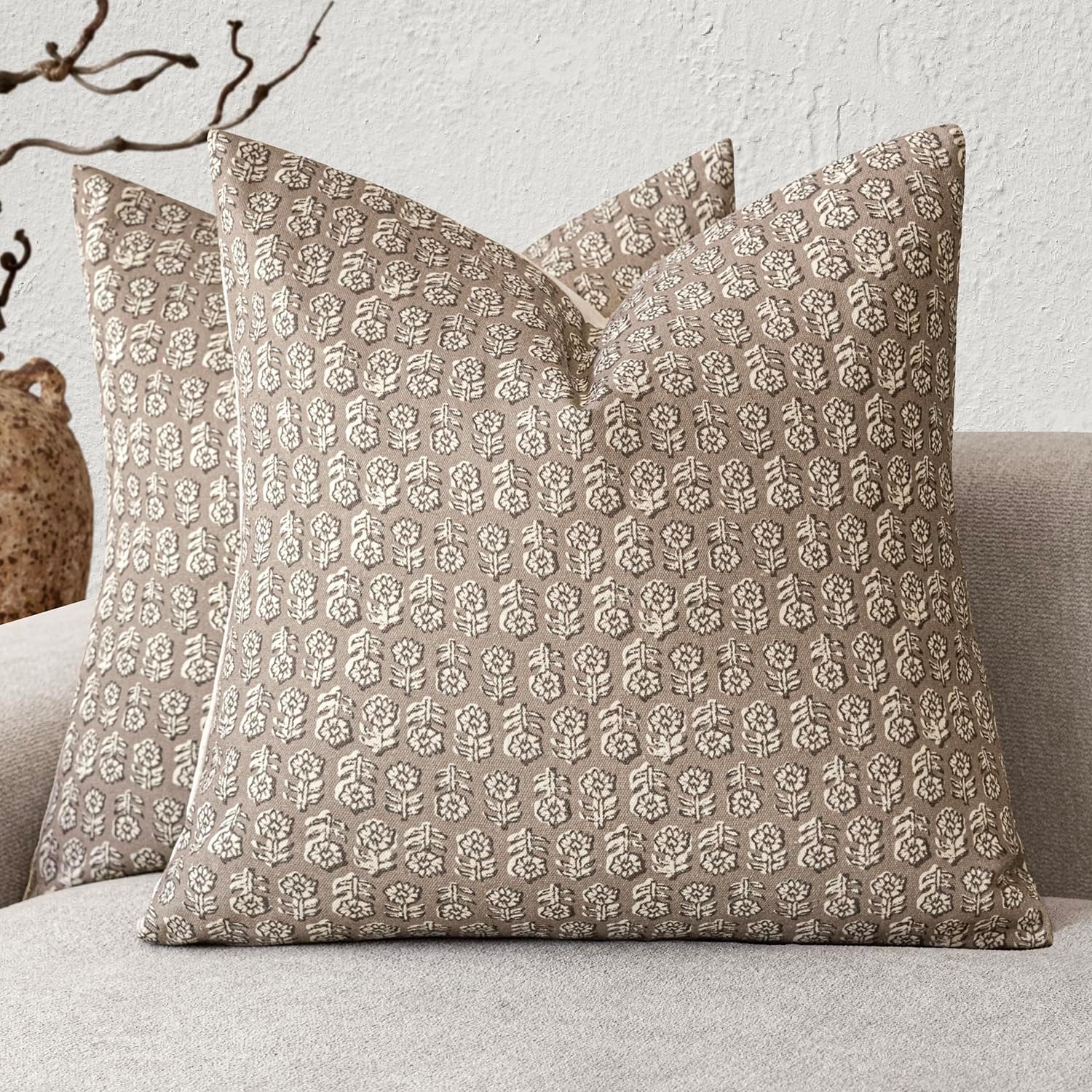 Foindtower Set of 2 Decorative Vintage Floral Print Throw Pillow Covers Neutral Modern Farmhouse Cushion Covers Boho Home Decor for Sofa…