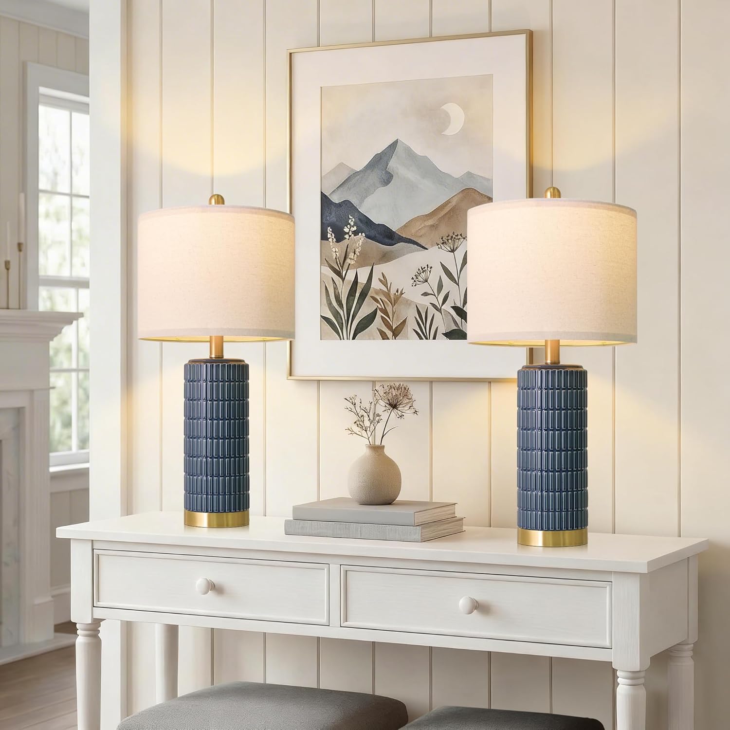 PoKat 25'' Blue Table Lamps for Bedroom Living Room Set of 2, Modern Ceramic Bedside Lamps with Gold Base for Office Sideboard Entryway…
