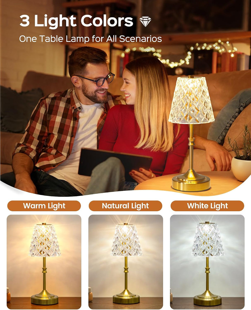 JACKYLED Cordless Lamp Rechargeable, Acrylic Crystal Lampshade, 3 Colors with Built-in Dimmer, 5400mAh Battery Operated, Wireless Lamp…