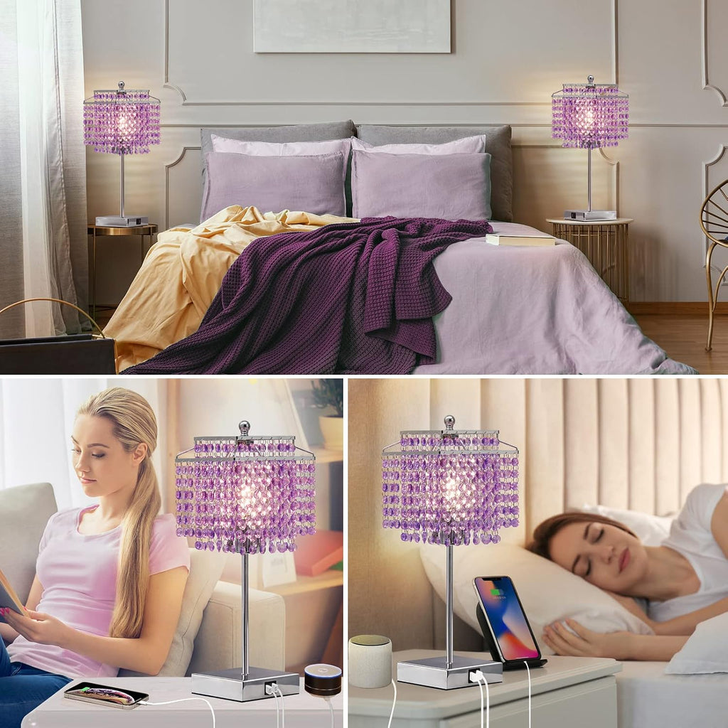 Luvkczc Purple Bedside Crystal Table Lamp Set of 2, Touch Control Lamps, Dimmable Lamp with Crystal Shade for Bedroom, Girl Living Room…