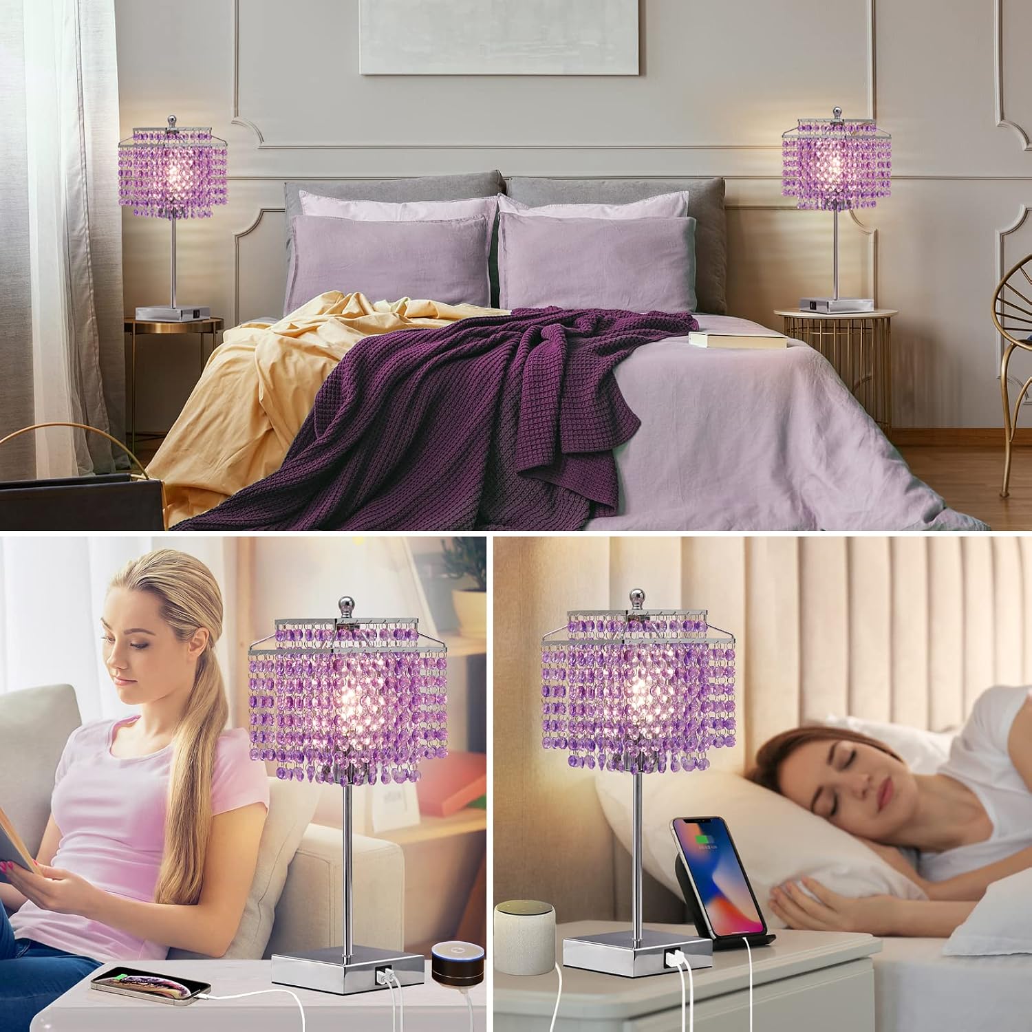Luvkczc Purple Bedside Crystal Table Lamp Set of 2, Touch Control Lamps, Dimmable Lamp with Crystal Shade for Bedroom, Girl Living Room…
