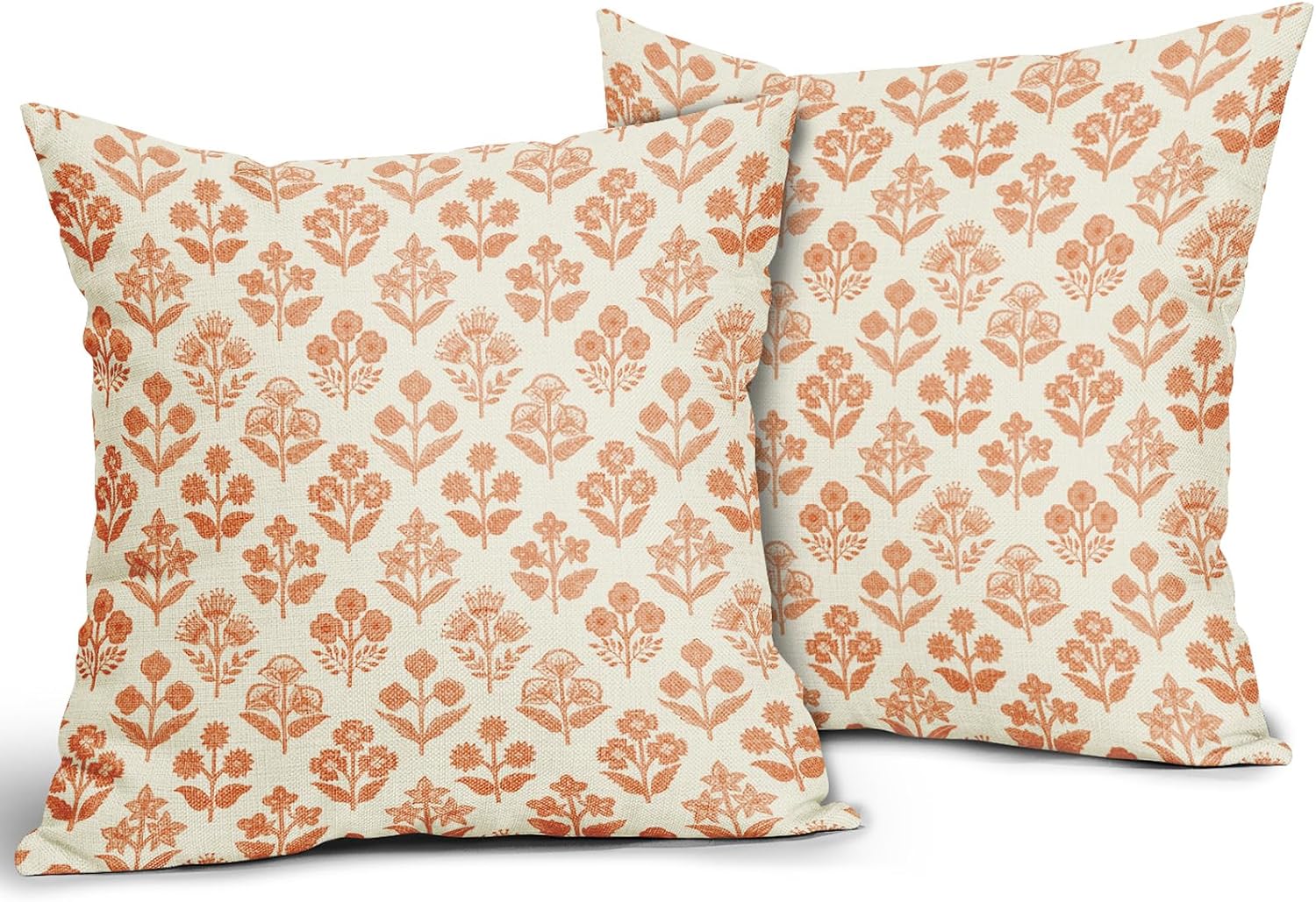Orange Floral Pillow Covers 16x16 Inch Set of 2, Vintage Flower Block Print Pattern Decorative Throw Pillowcases Outdoor Farmhouse…