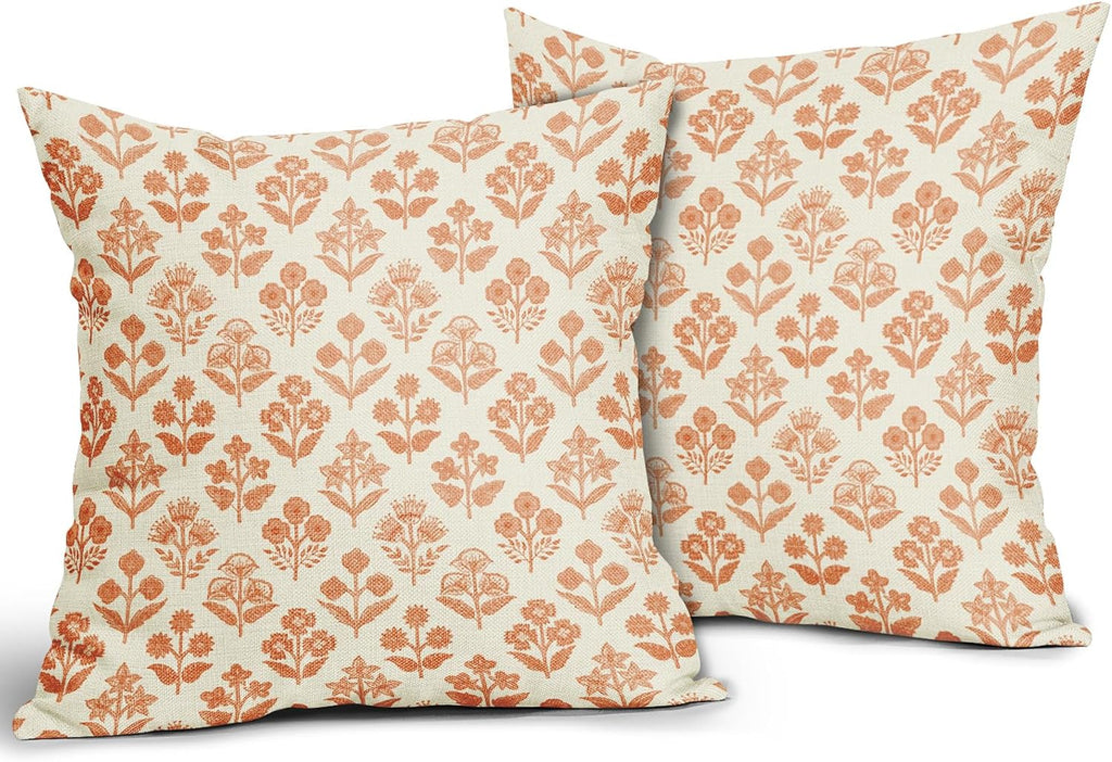 Orange Floral Pillow Covers 20x20 Inch Set of 2, Vintage Flower Block Print Pattern Decorative Throw Pillowcases Outdoor Farmhouse…