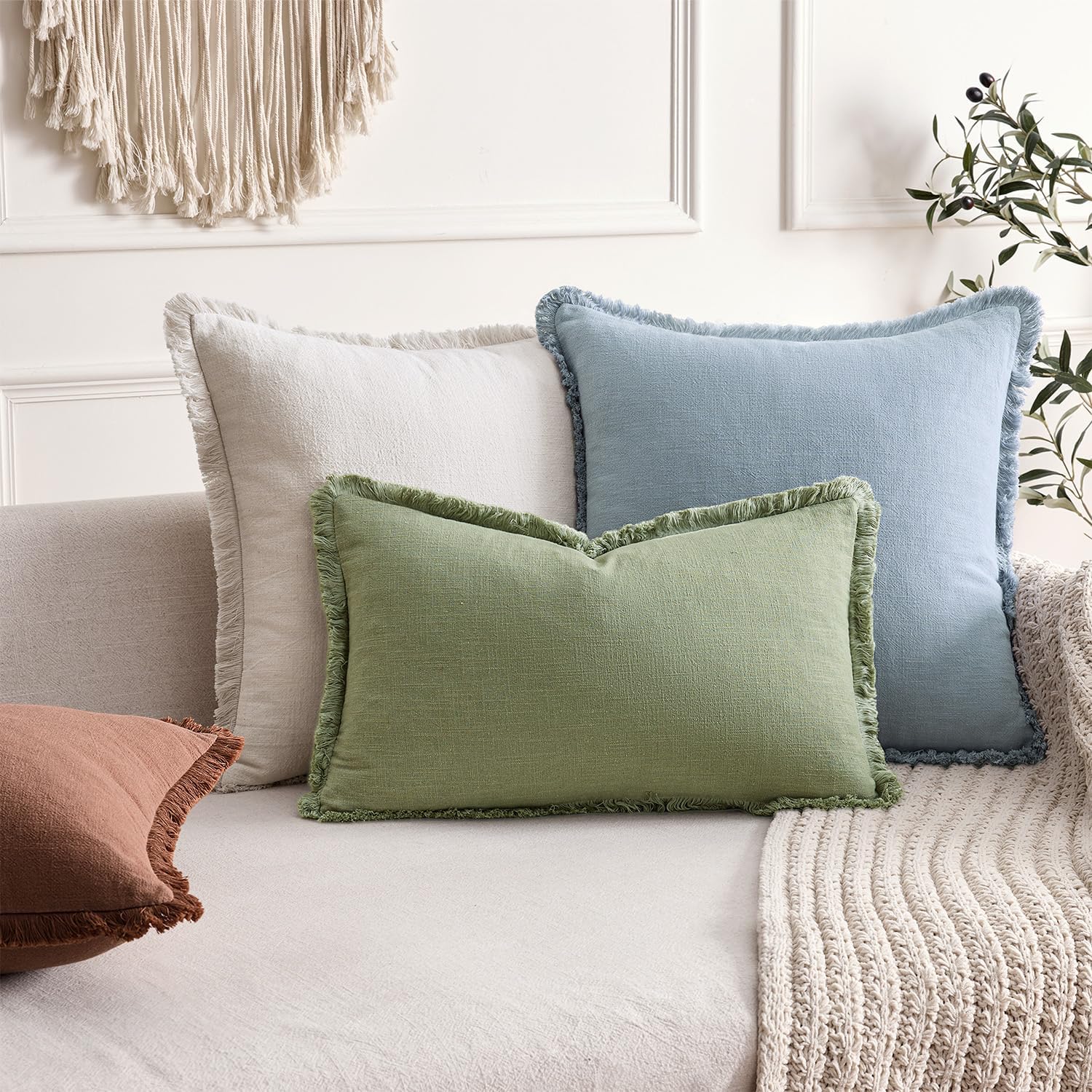 Anroduo Set of 2 Decorative Throw Pillow Covers 12×20 Inch Soft Lumbar Linen Fringe Farmhouse Boho Vintage Cushion Covers with Tassels Acce…