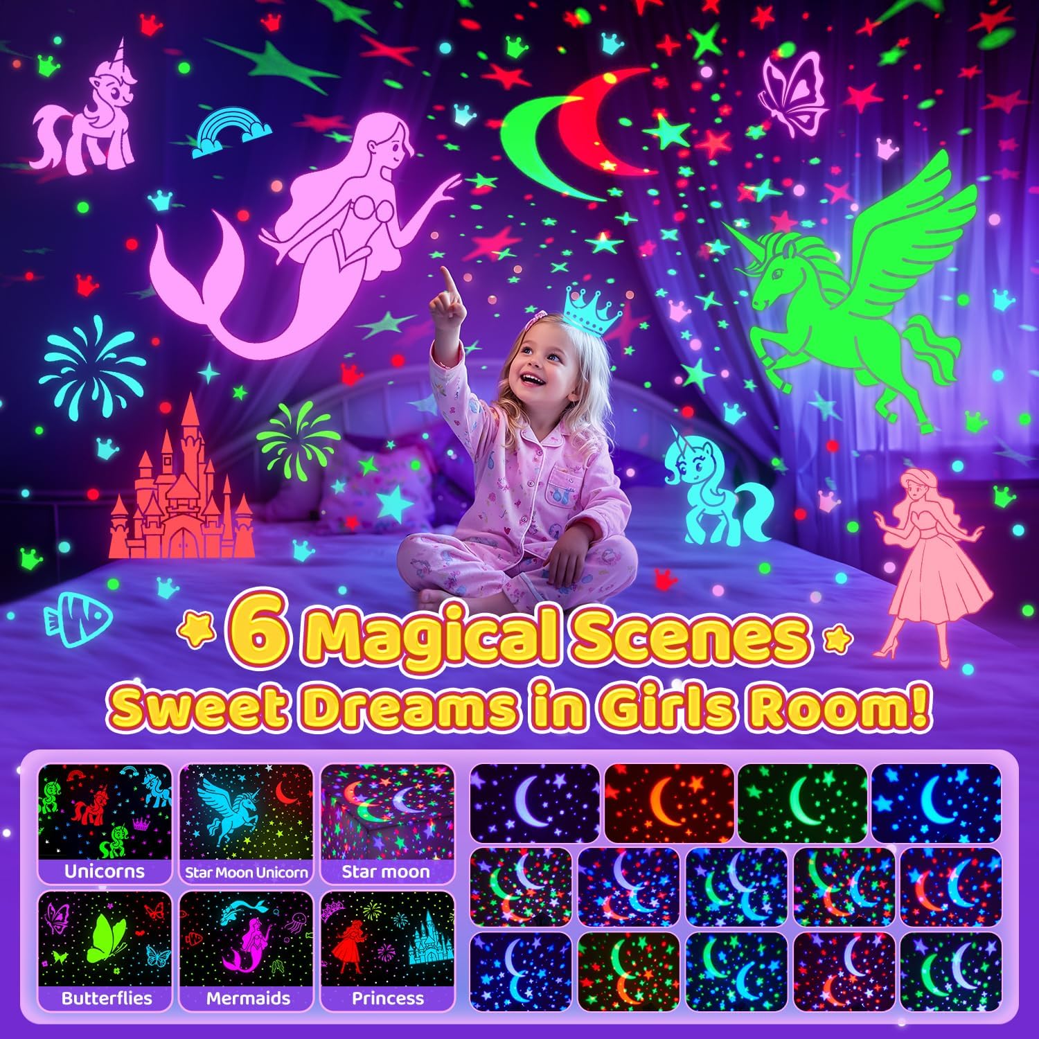Onefire Girls Toys for Girl Gifts, 6 Films Light Projector Unicorn Toys for Girls Age 4-6, Rechargeable Night Lights for Bedroom, 360°…