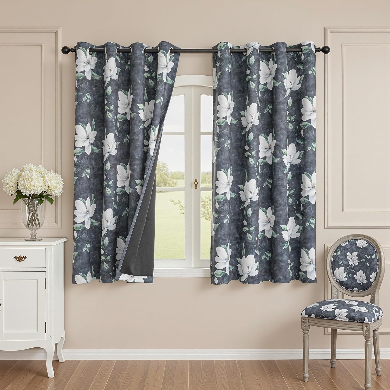 Myskyhome MYSKY HOME 95% Floral Blackout Curtains 63 Inch Long 2 Panels Set for Bedroom - White Flower Printed Thermal Insulated Light Bloc…