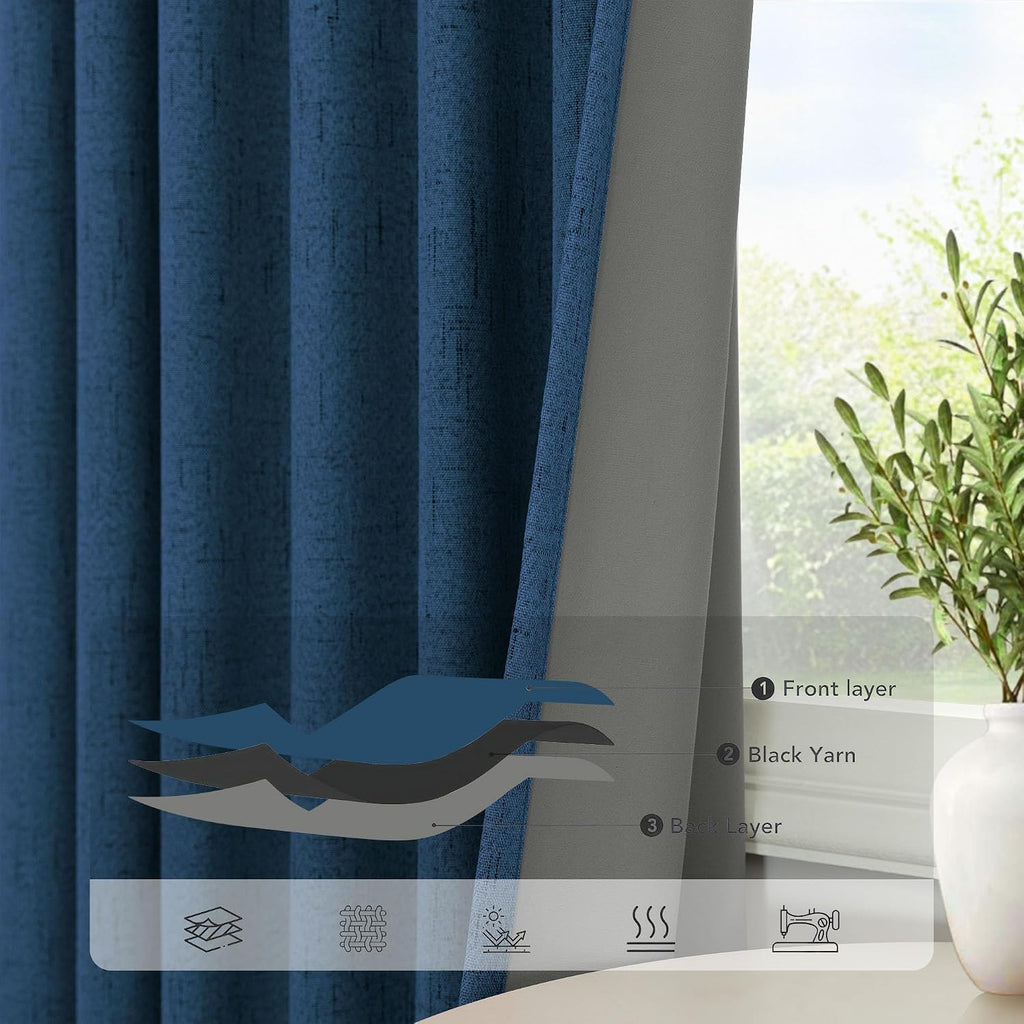 Pitalk Navy Blue Curtains for Living Room 102 Inch Long 100 Percent Blackout Linen Look Viral Window Curtains for Bedroom Black Out Drapes…