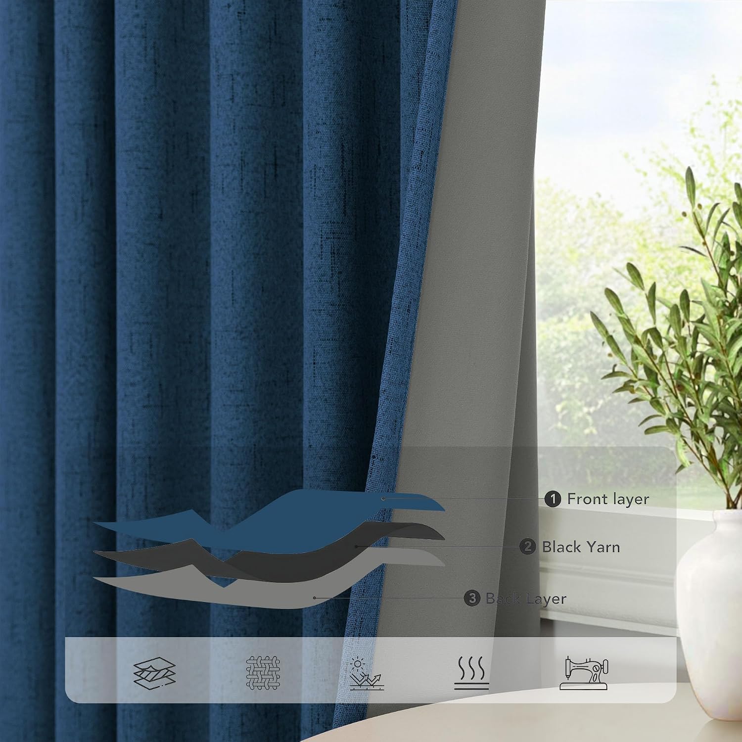 Pitalk Navy Blue Curtains for Living Room 102 Inch Long 100 Percent Blackout Linen Look Viral Window Curtains for Bedroom Black Out Drapes…