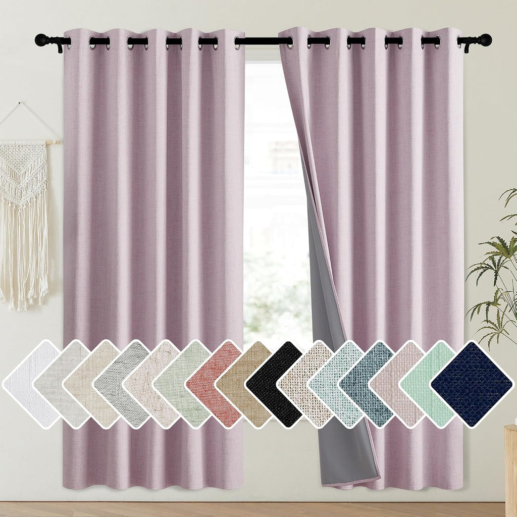 NICETOWN Pink Vintage Linen 100% Blackout Curtains for Playroom, Thermal Insulated Curtains 72" Long, Noise Reducing Window Treatment…