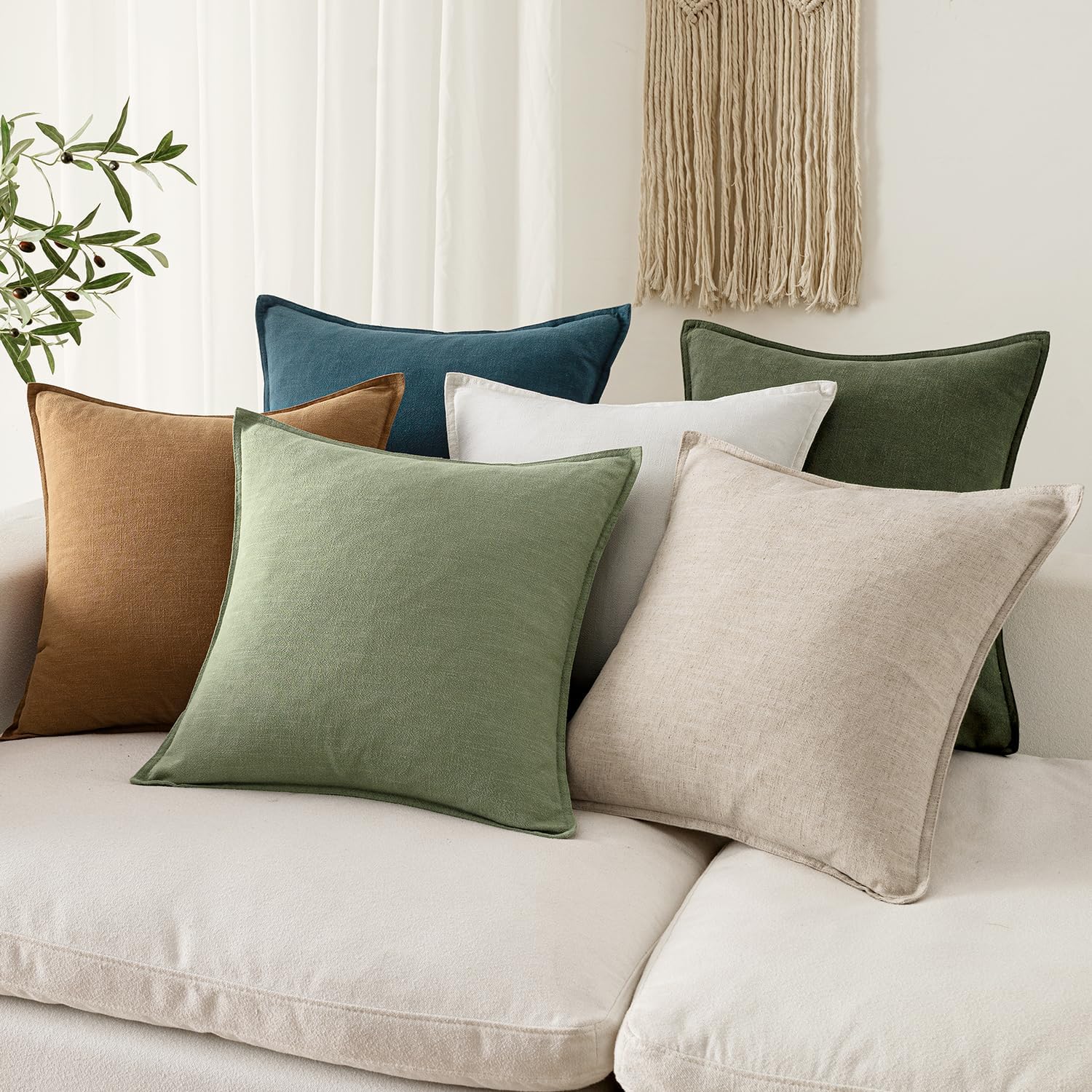 EMEMA Spring Decorative Linen Throw Pillow Covers 20x20 Inch Grass Green Boho Farmhouse Neutral Couch Throw Pillows for Bed Pack of 2…