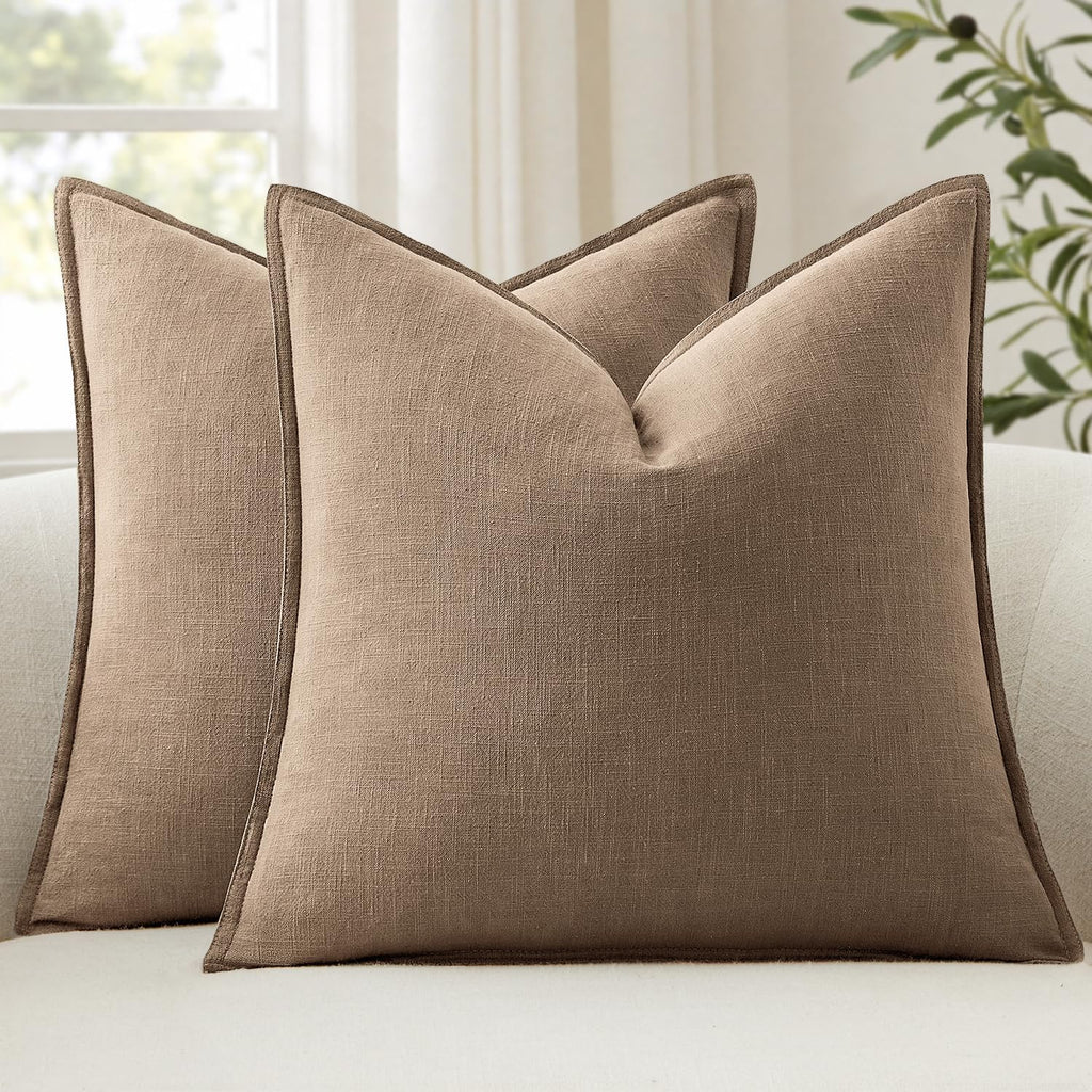 Anroduo Pack of 2 Decorative Linen Pillow Covers Coco Brown Euro Sham Neutral Farmhouse Boho Soild Cushion Case Soft Accent Pillowcase for…