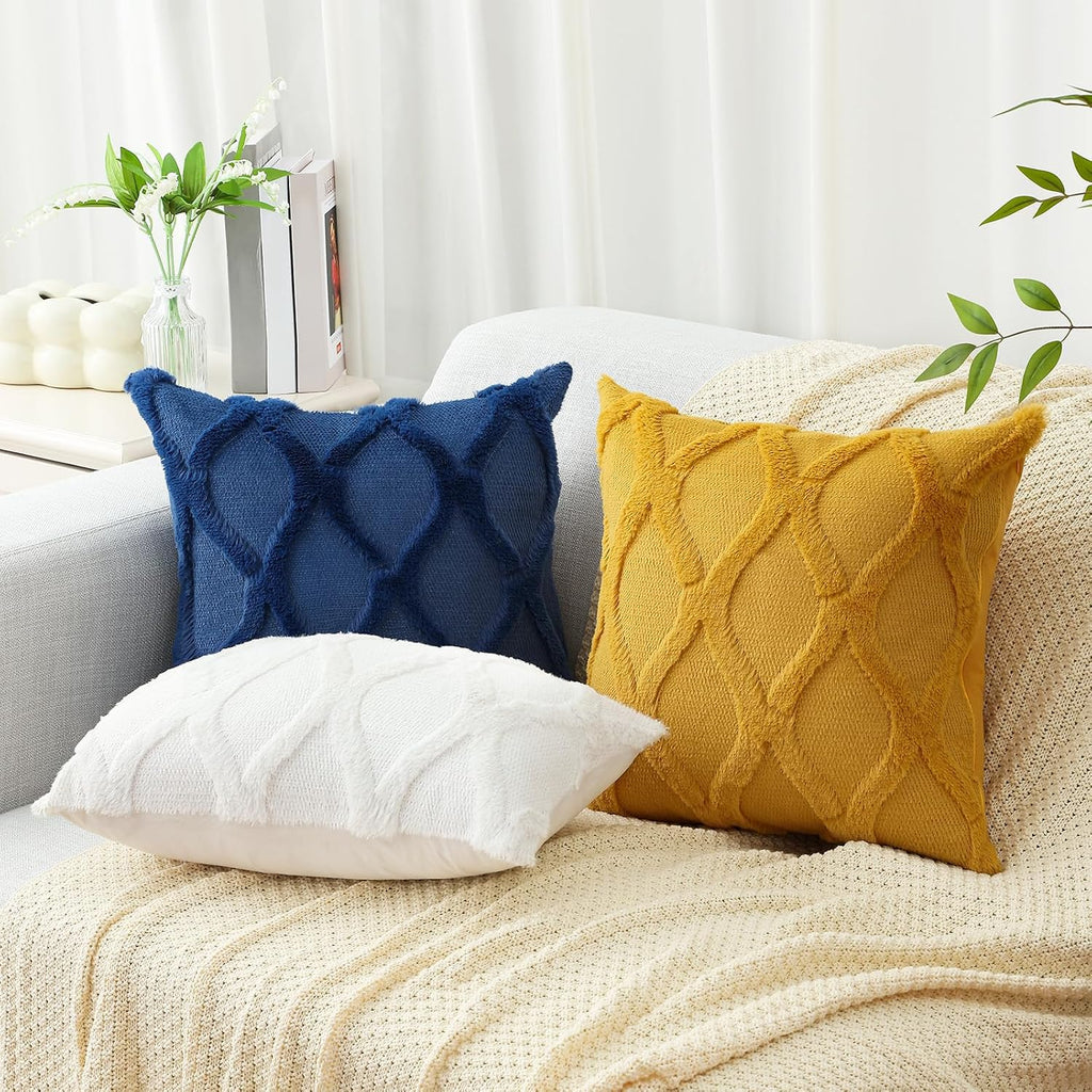 decorUhome Summer Throw Pillow Covers 16x16 Inch Set of 2, Soft Plush Faux Fur Wool Dark Blue Accent Couch Pillow Covers for Modern Farmhou…