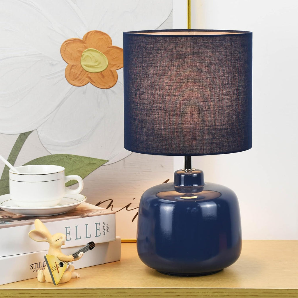 Oslo Small Ceramic Table Lamp for Living Room and Bedroom, Modern Kids Night Table Lamp, Φ7.09×H13.39IN, Bulb Excluded, Light Pink, Navy Blue