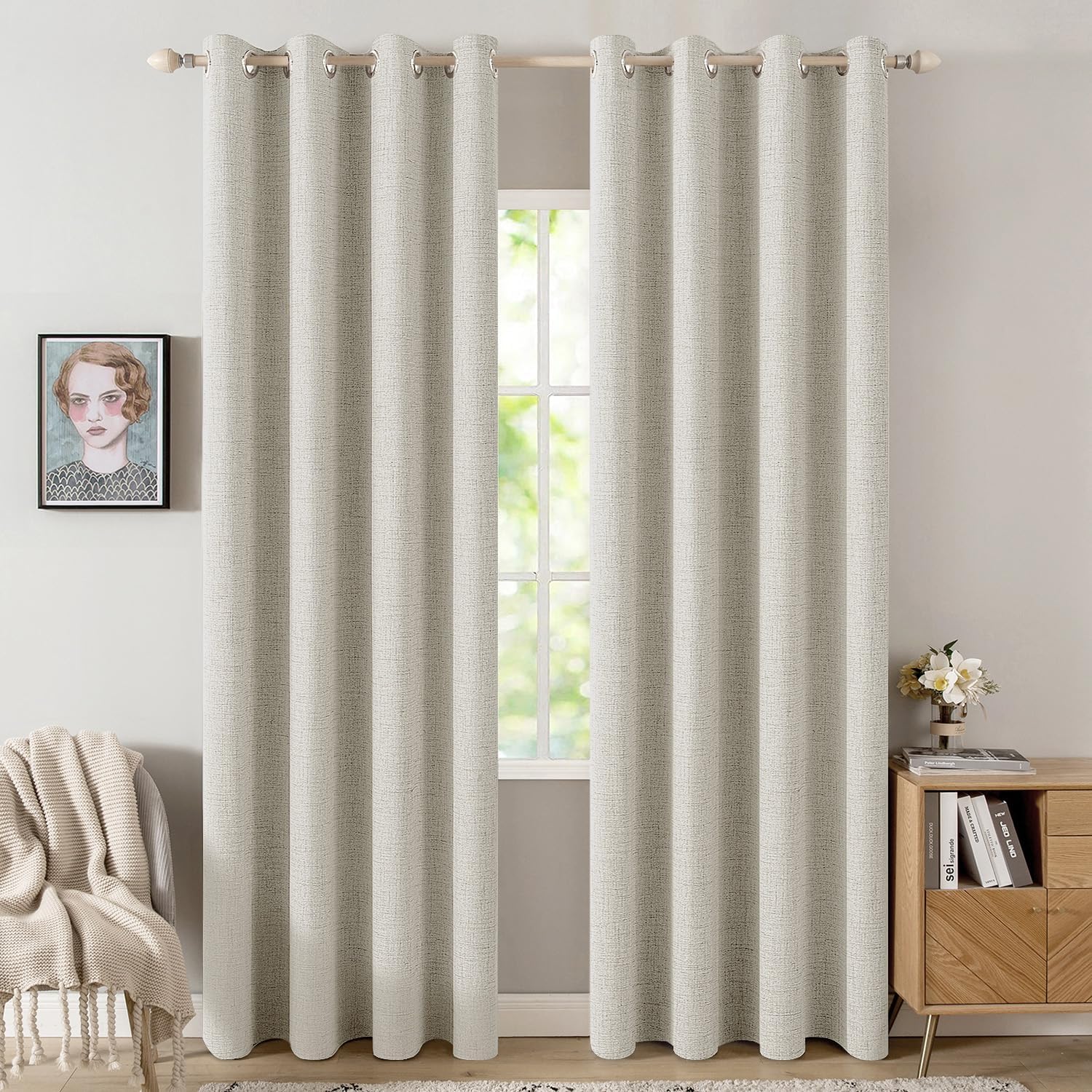 Miulee Linen Texture Curtains for Bedroom Light Cream 100% Blackout Thermal Insulated Linen Curtains Grommet Room Darkening Drapes for Livi…
