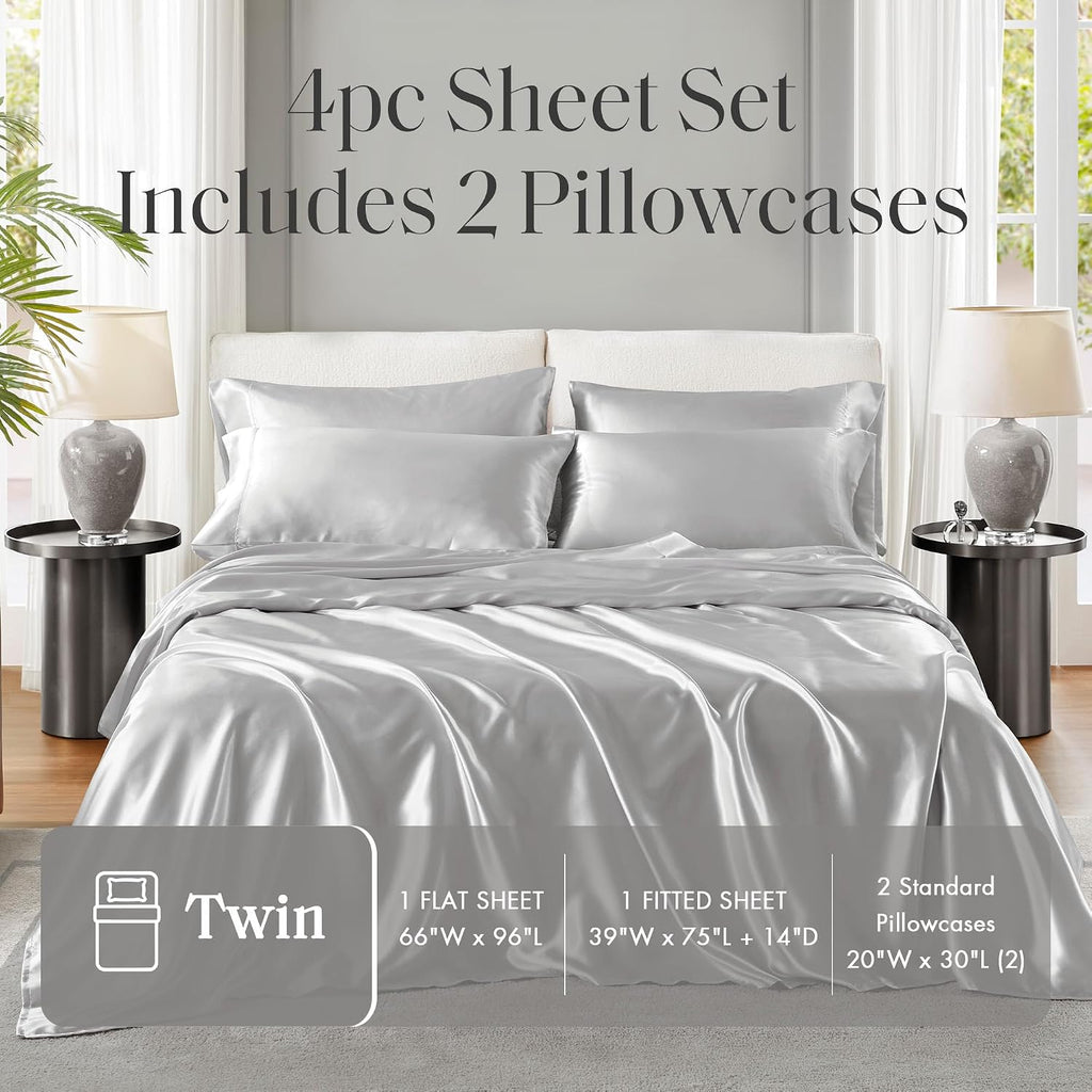 Madisonpark Madison Park Satin Sheets Twin Size, Luxurious Silky Bed Sheets, Elastic 14" Pocket fits up to 16" Mattress, Wrinkle-Free, Soft…