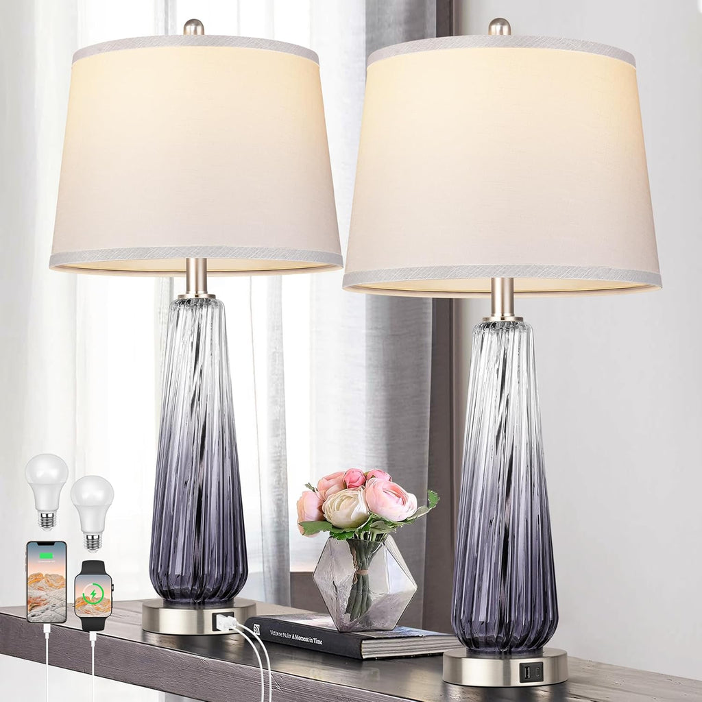 Glass Table Lamps Set of 2, Modern Bedside Lamps for Bedrooms with USB A+C Ports, 3-Way Dimmable Touch Control Nightstand Lamp with White…