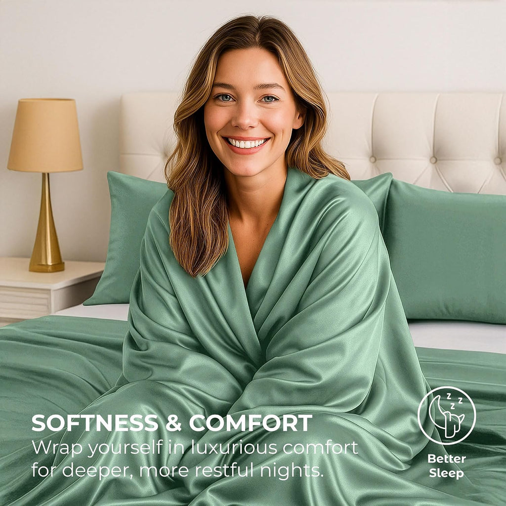 PureBedding Satin Sheets King [4-Piece, Champagne Green] Hotel Luxury Silky Bed Sheets - Extra Soft 1800 Microfiber Sheet Set, Wrinkle, Fad…