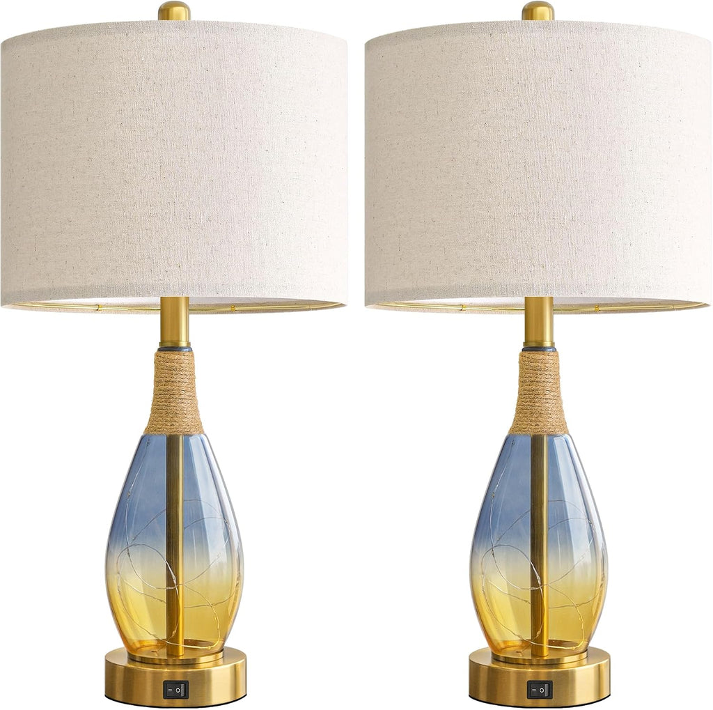 OYEARS 23" Table Lamps for Living Room Set of 2, Bedside Lamps for Night Stands, Rattan Lamps for Bedroom, Farmhouse Lamps with Glass…