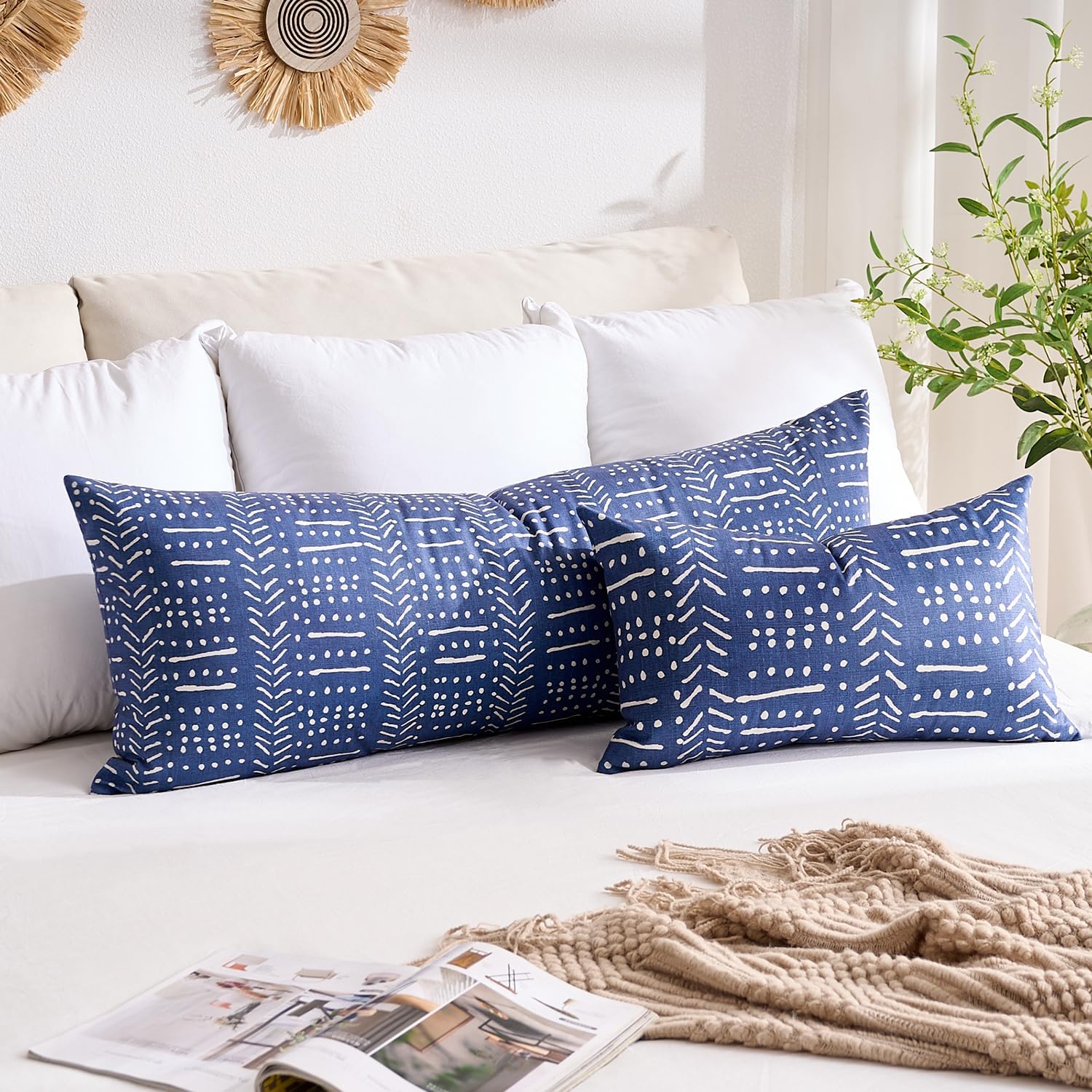 BONSTRAP Decorative Lumbar Pillow Covers Farmhouse Boho Cushion Covers 14X36 Neutral Vintage Blue Body Pillow Covers 1 Piece for Cou…